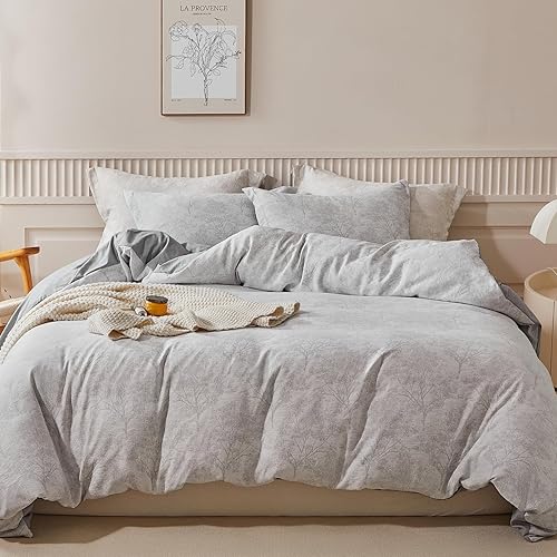 WARMDERN Juego de funda de edredón gris tamaño King, microfibra blanca y gris, diseño botánico con textura de ramas blancas y grises, 3 piezas,