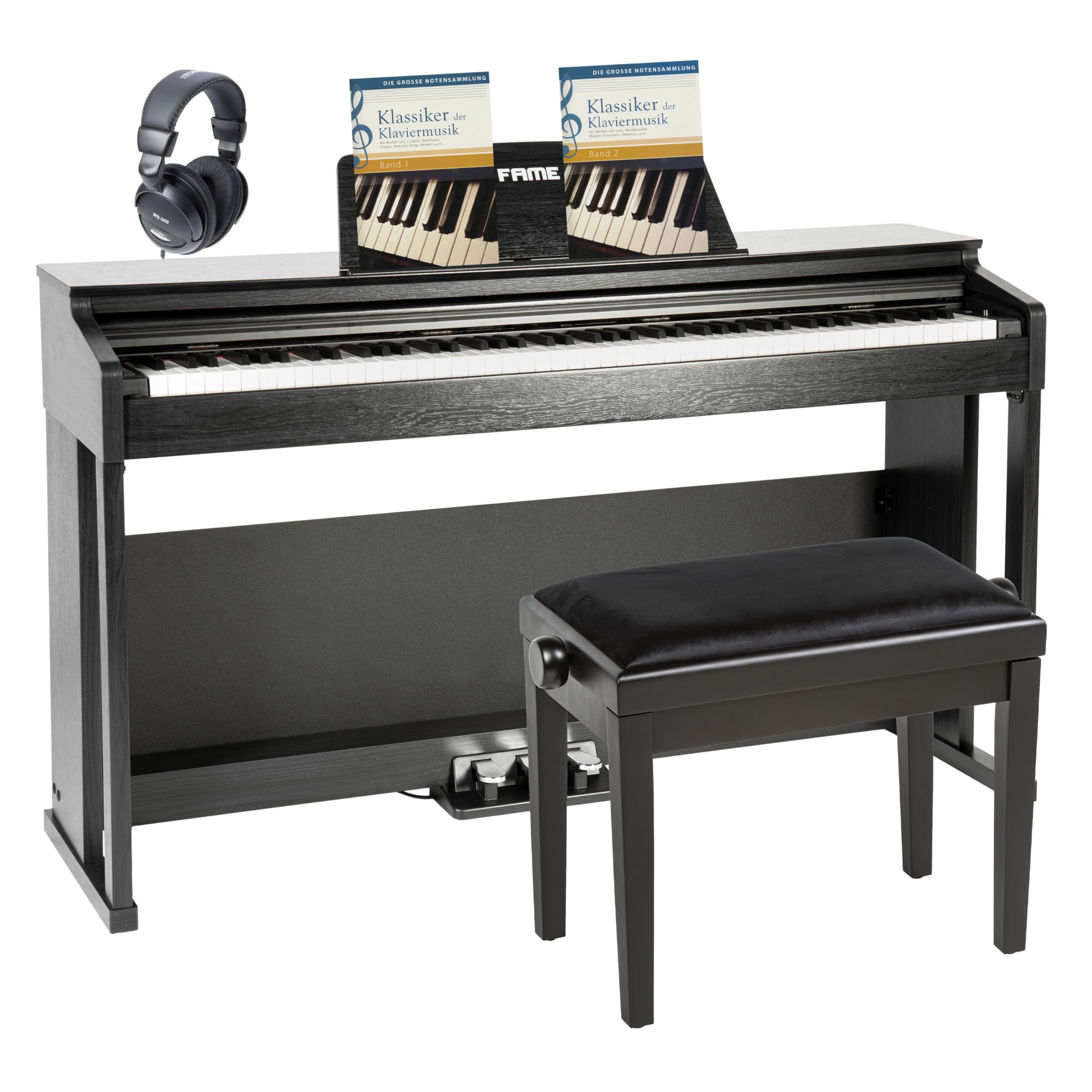 Fame Digitalpiano Set, DP-3000 BK, 88 Tasten, Hammermechanik, 20 Sounds, 128-fache Polyphonie, integrierter Effektprozessor, Klavierbank, Kopfhörer, Notensammlung, Schwarz.