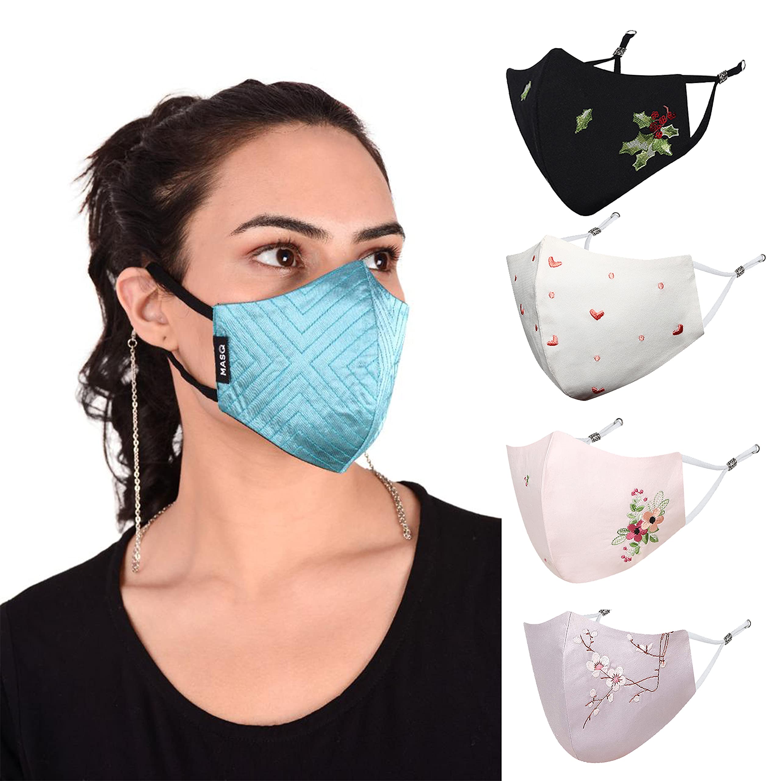 masq By Q-One 4 Layer Washable, Reusable, Size Adjustable, Anti-Bacterial (BFE>99%) Embroidered Cotton Cloth Face Mask Combo for Women, Girls ​with Detachable Chain & Ear Loops (Medium, Pack of 5)-picture-9