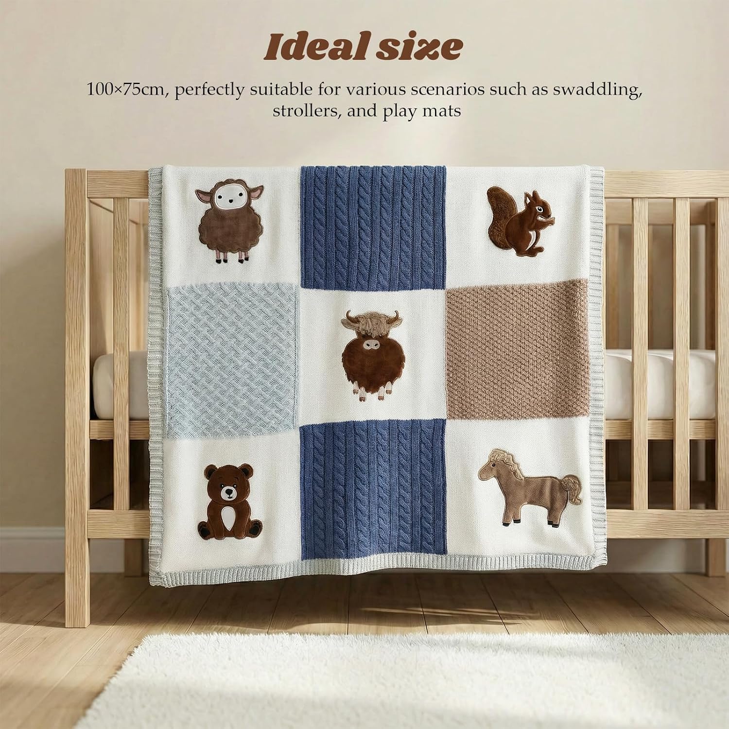 Baby Blanket, Soft Baby Blankets for Newborns, Baby Blankets Neutral with 3D Animal Embroidery, Cotton Baby Blanket Boy with Fleece Backing, 30x40 Nursery Swaddle Blanket