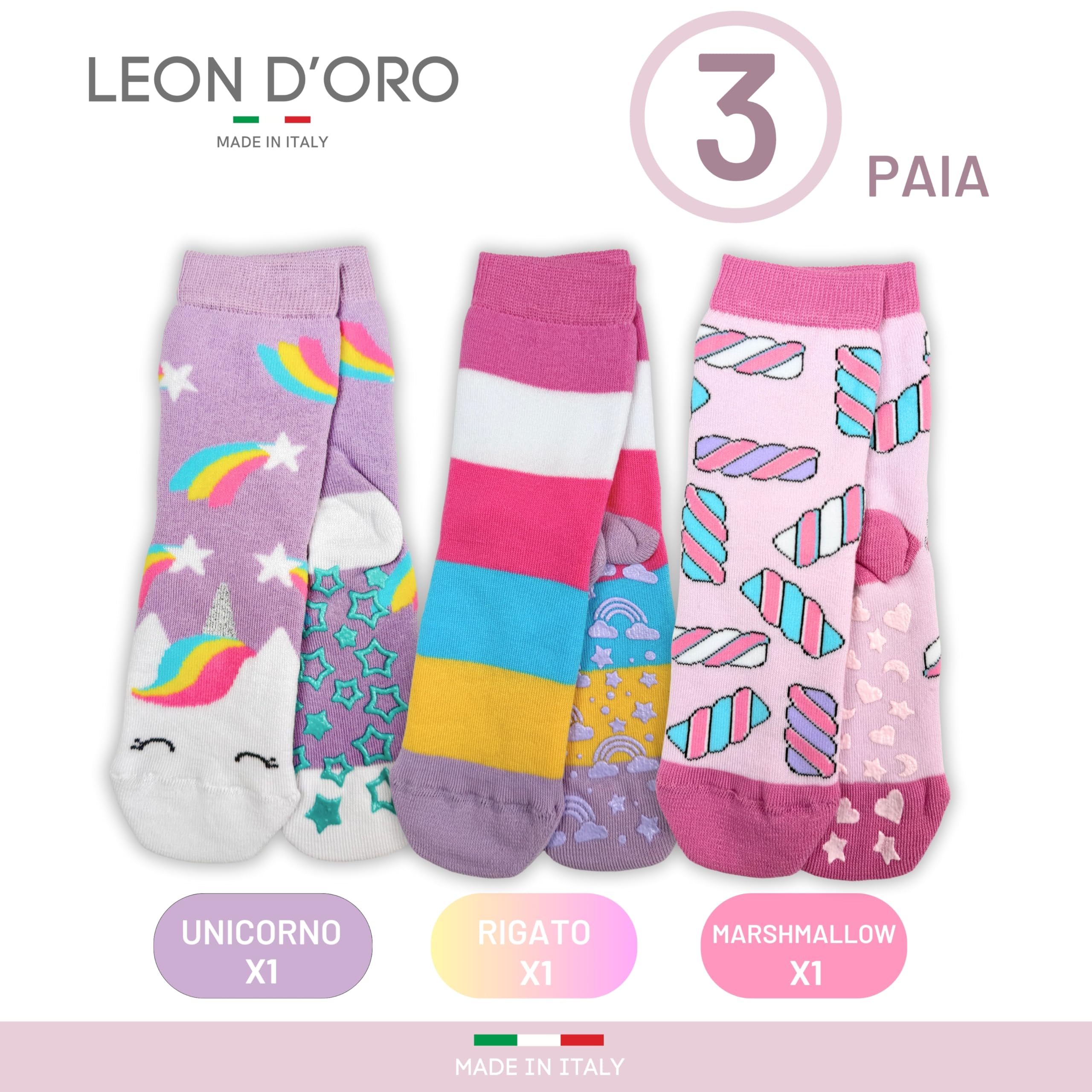 LEON D'ORO Calcetines de niña antideslizantes de algodón para niña, ABS, escuela, casa, hinchables, fabricados en Italia