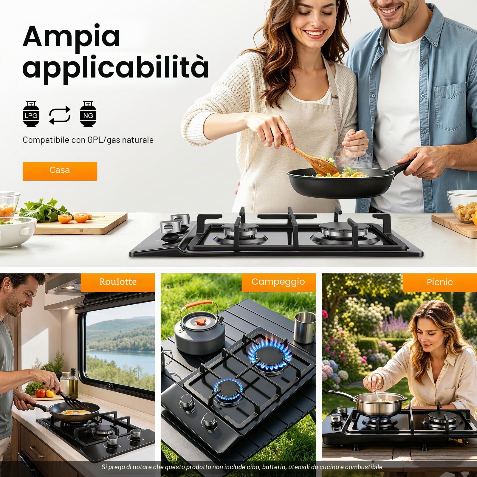 Piano cottura a gas a 2 fuochi e piccolo fornello a gas da campeggio, in acciaio inox, portatile, con riduttore di pressione e tubo del gas, piano cottura a gas per gas liquido/naturale (nero)