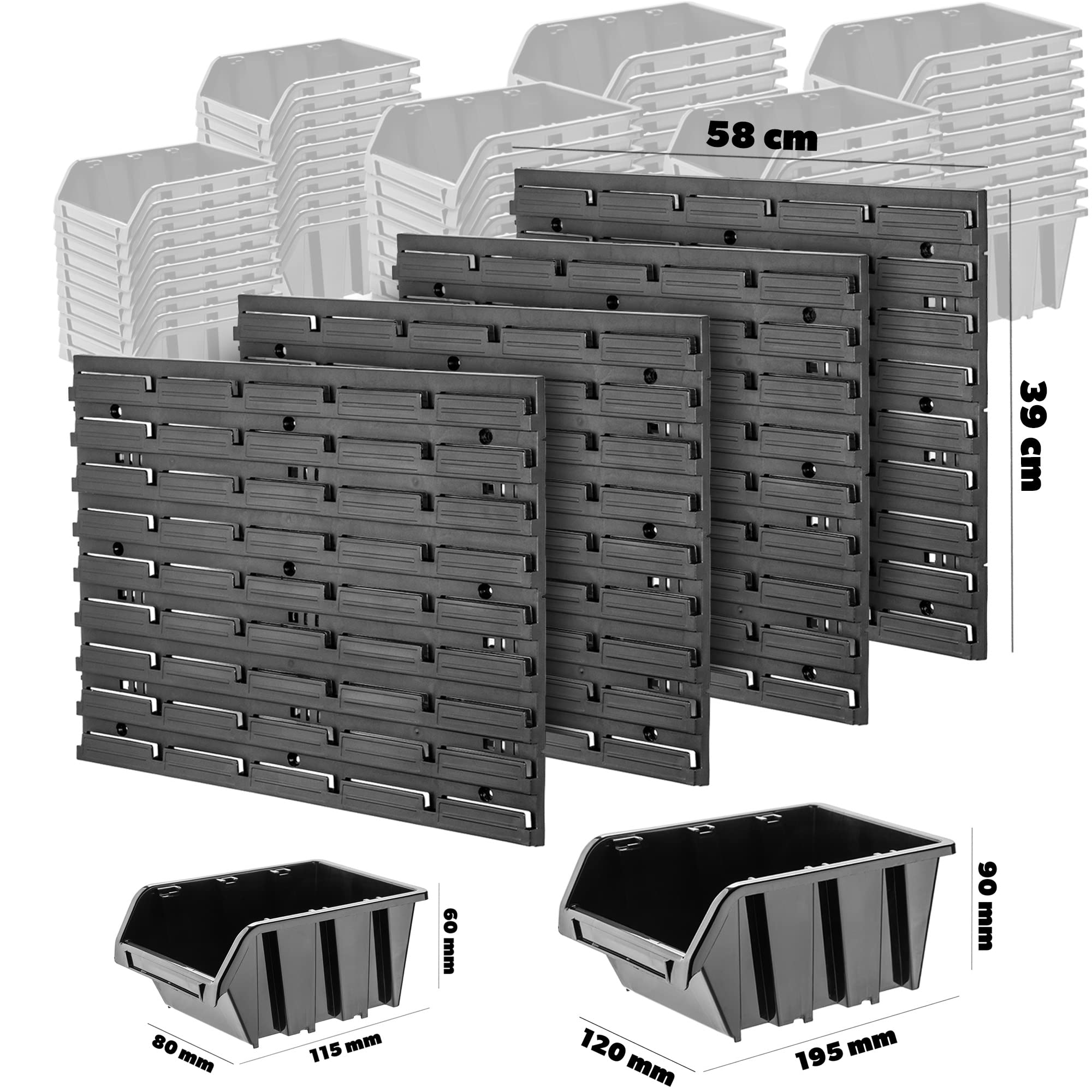 KADAX Estantería de pared para taller, 116 x 78 cm, sistema de almacenamiento de plástico resistente, resistente a los rayos UV, paneles de pared ampliables, estantería (rojo y negro, 67 piezas)