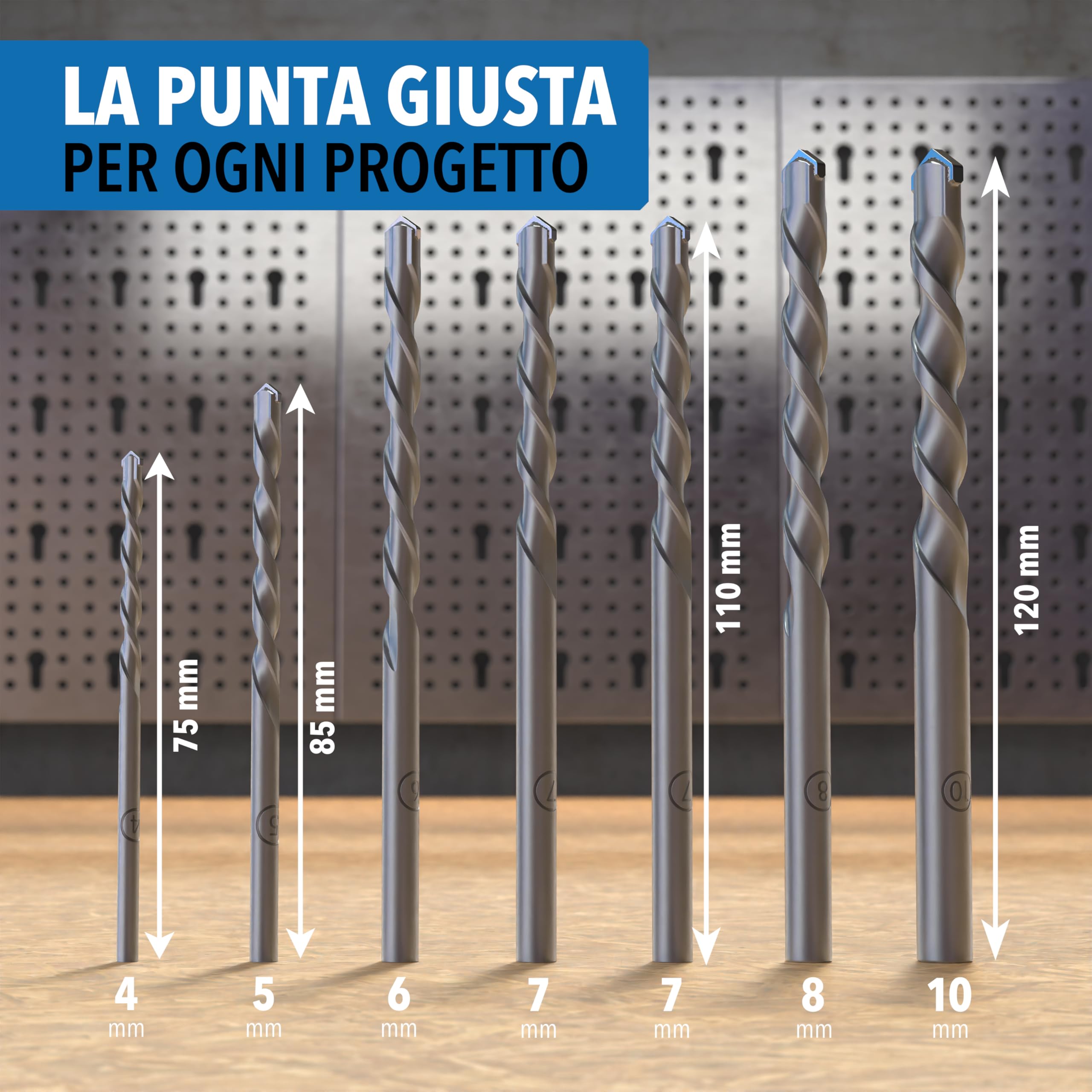 Set di 7 punte per calcestruzzo con codolo rotondo Ø 4 – 10 mm – Punte per pietra per calcestruzzo, muratura e mattoni – YG8C punta in metallo duro levigato – Set di punte per trapano a percussione e