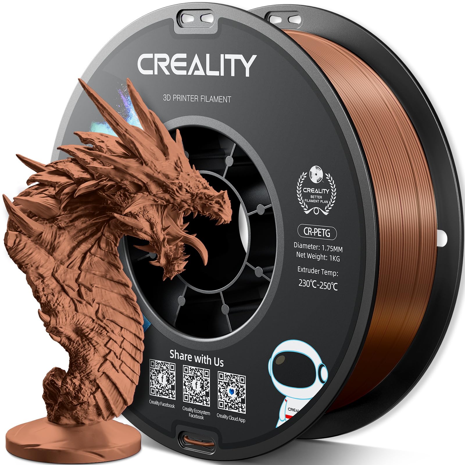 Creality PETG Filament 1.75mm, 3D Printer Filament 1KG(2.2lbs), High Precision, Strong Toughness, Odorless, Better Flow, Dimensional Accuracy +/- 0.02 mm, Moistureproof 3D Printing Filament, Brown