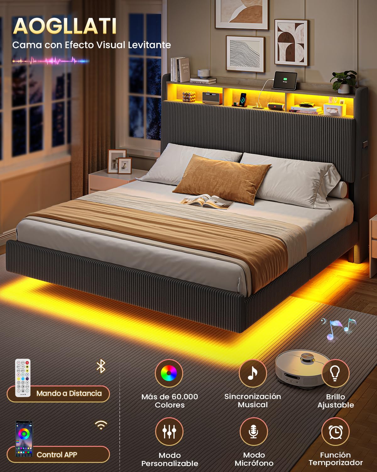 AOGLLATI Cama Matrimonio 180x200 con Almacenamiento Pana Gris Oscuro | Cama con Efecto Visual Levitante Cama con 270°LED y Estación de Carga, Cama Juvenil con Cabecero Marco de Cama Canape