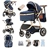 Lnhcrbs stroller 3 in 1 baby stroller is with adjustable height handle mountaineering stroller with anti-mosquito net rain cover mummy bag bottle holder for 0-4 years22Kgblue