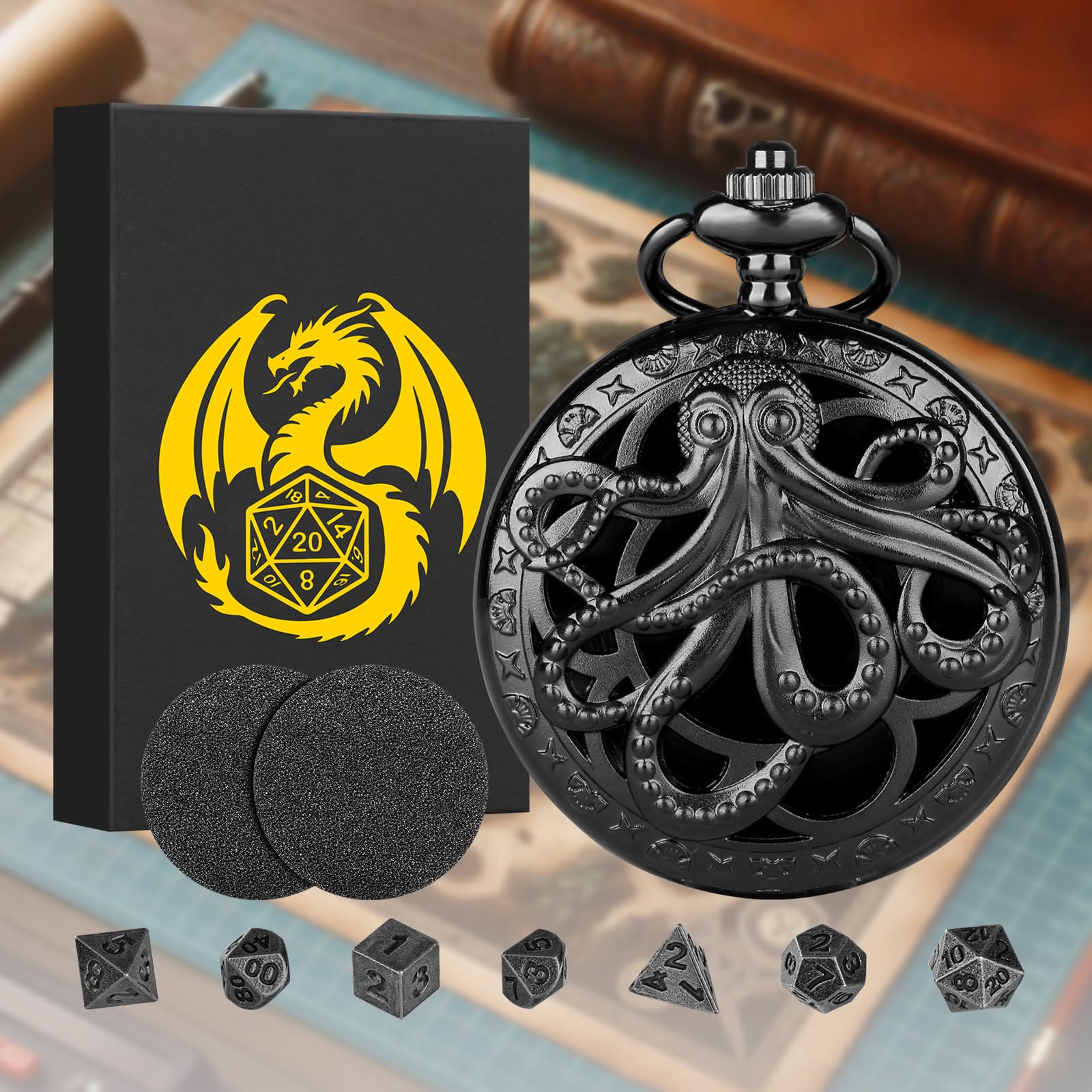 Lot de 7 mini dés DND avec boîtier de montre de poche creux Steampunk en métal - Cadeaux D&D avec boîte cadeau, accessoires de jeux de société pour jeux de rôle, noir