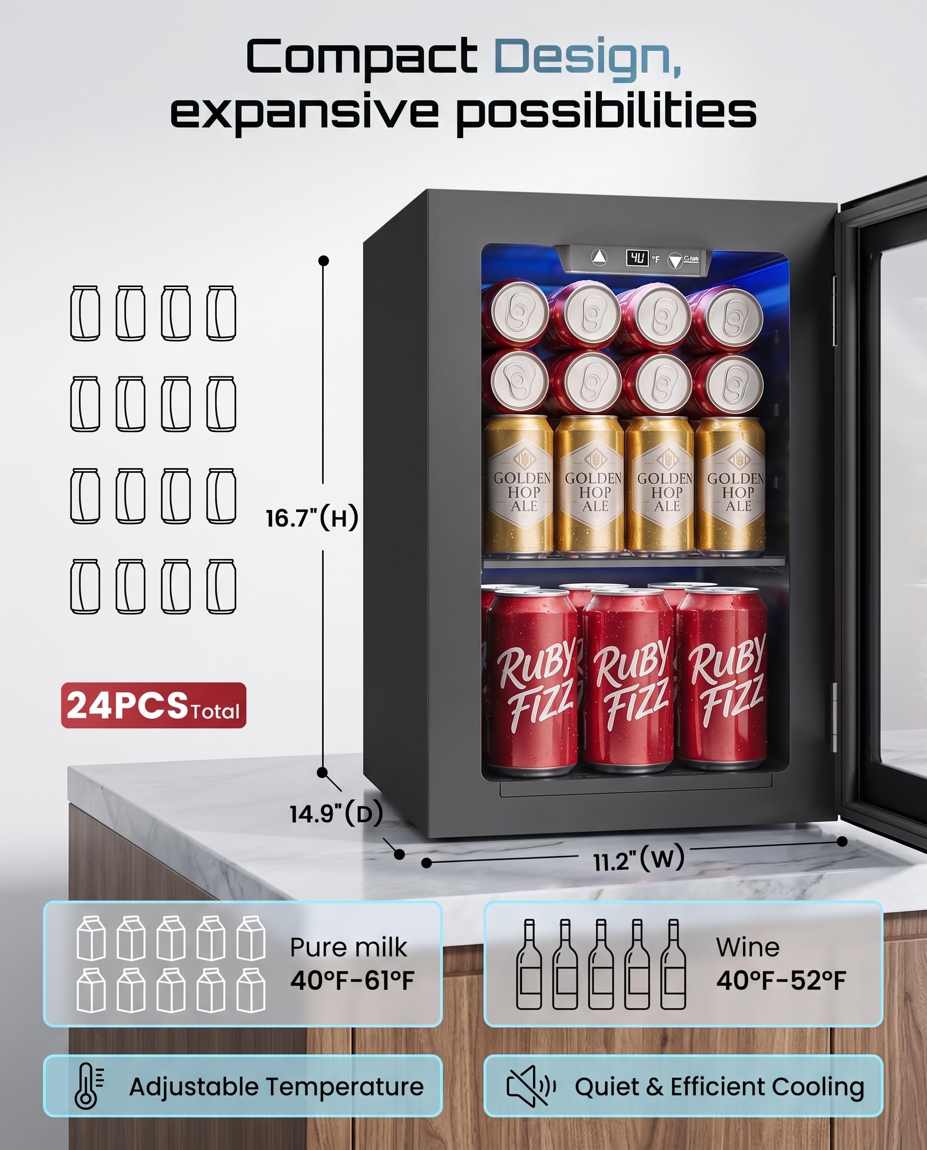 Frigorifero compatto per 6 bottiglie e 6 lattine, mini frigorifero autoportante con controllo della temperatura per birra vino piccolo frigorifero sotto ripiano regolabile