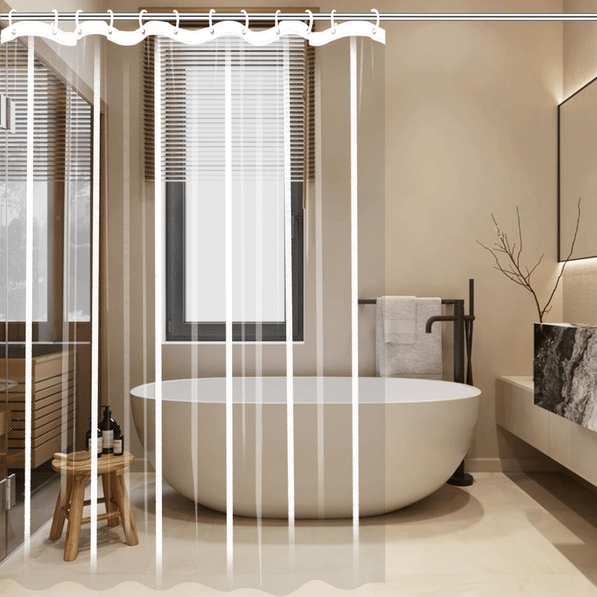 Rideau de douche transparent anti-moisissure PEVA 185 x 110 cm avec crochets de baignoire
