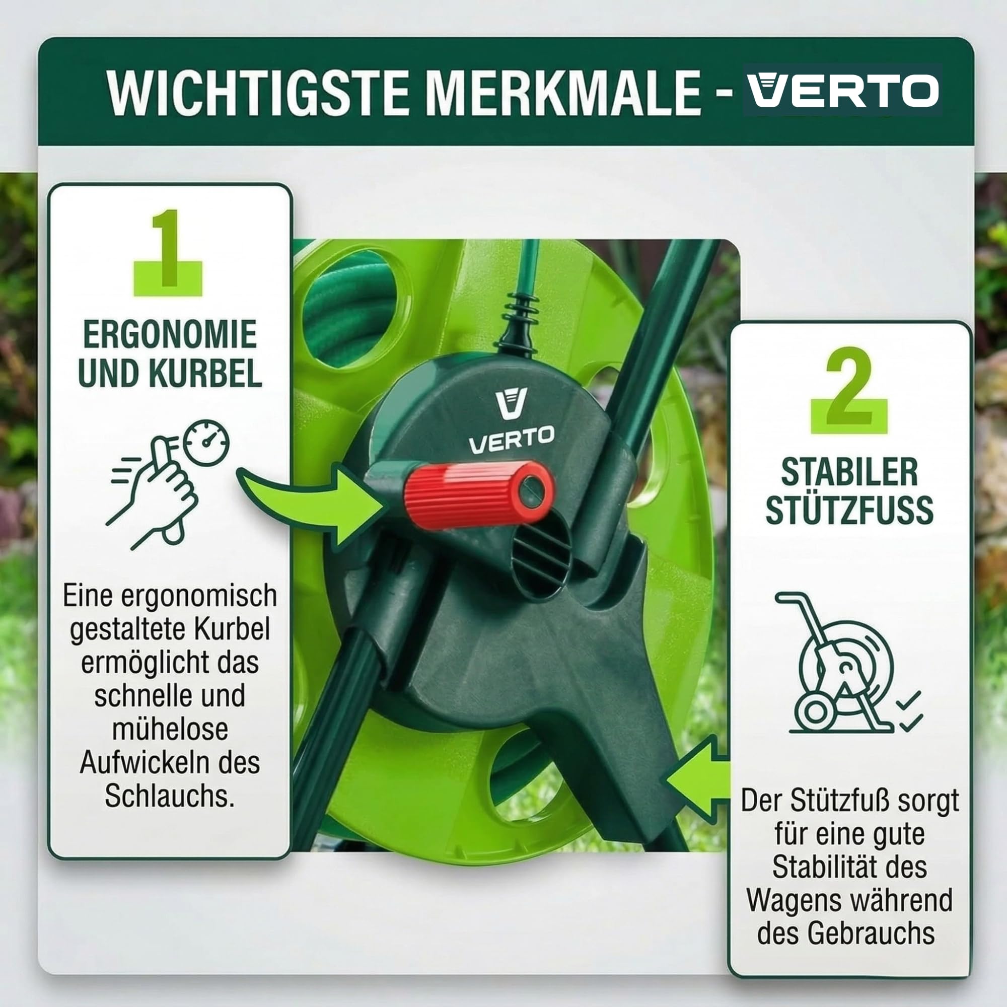VERTO Gartenschlauchwagen mit bis zu 50 m - Gartenschlauchständer für Gartenschläuche, Verstärkte Seiten des Ständers, Praktische Kurbel zum Aufrollen des Schlauchs