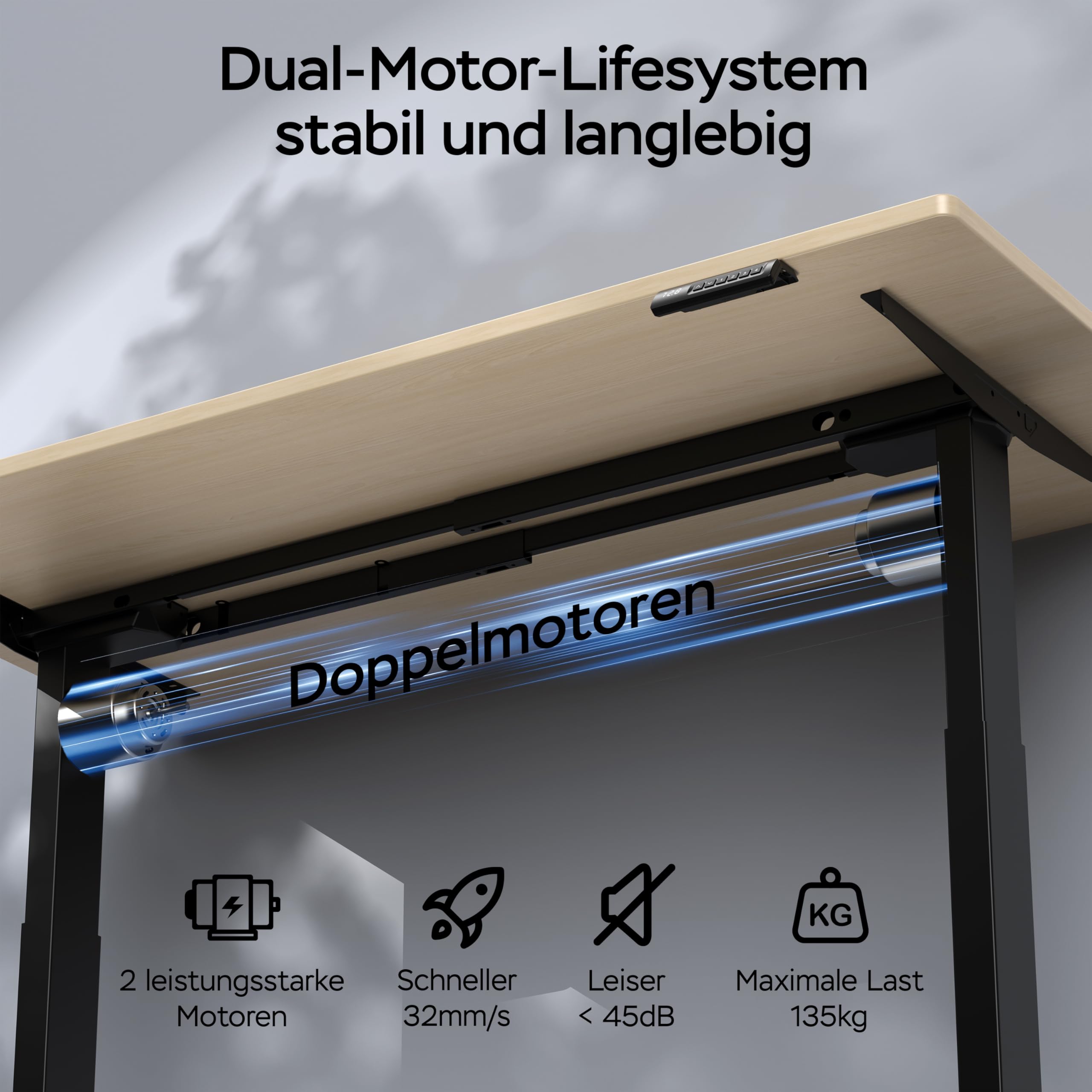 Höhenverstellbarer Doppelmotor Schreibtisch 25MM Einteilige Tischplatte, Intelligente Steuerung mit 4 Speicher1 35kg Tragfähigkeit, Leise <45dB (Beige + Schwarz, 160cmX80cm)