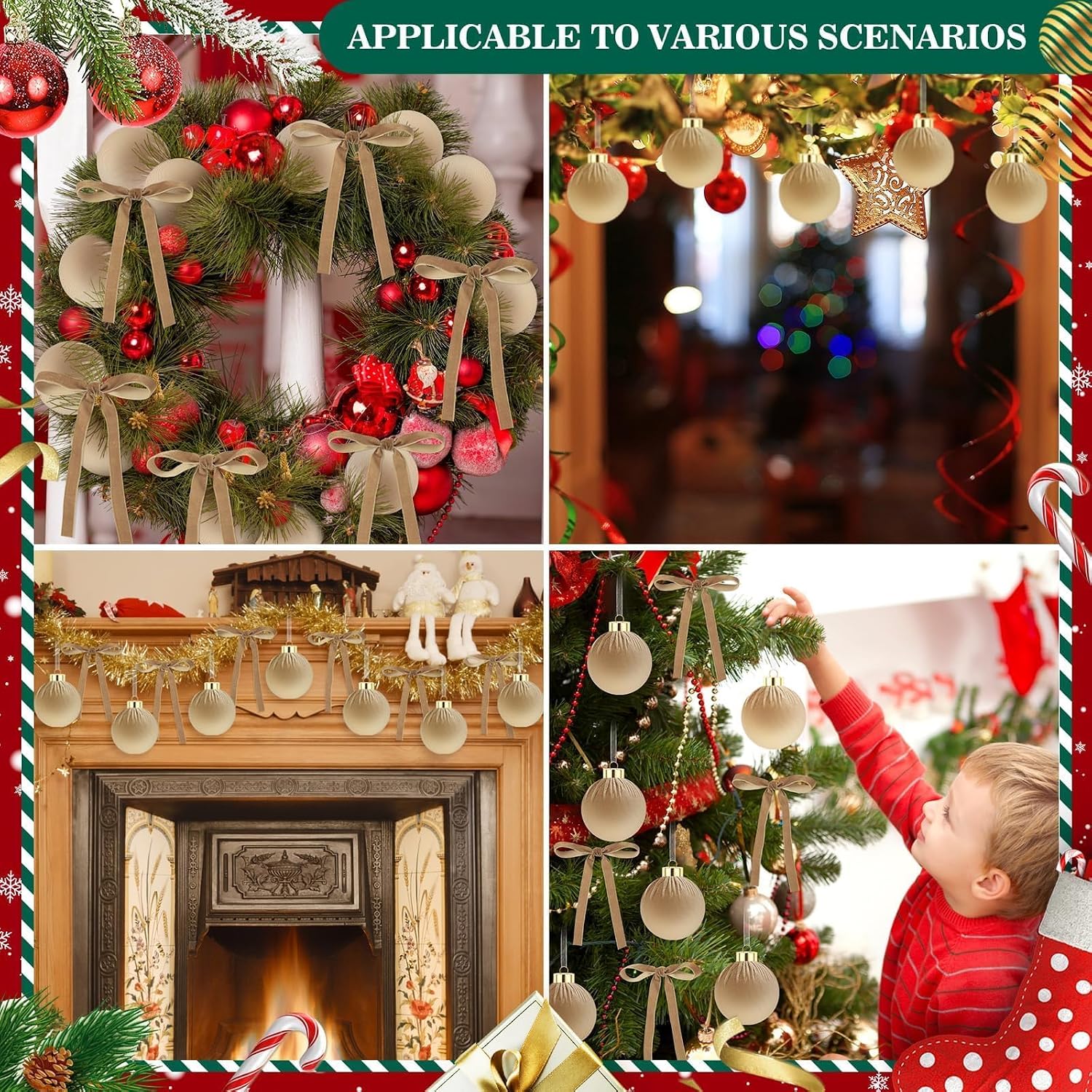 51 Pcs Christmas Khaki Velvet Ornaments 15 Pcs Christmas Tree Decor Balls 3.14 36 Pcs Velvet Vintage Ribbon Bows 5/8 Wide 6 * 8 for Xmas Tree Hanging Decorations Home Indoor Decor (Light Brown)