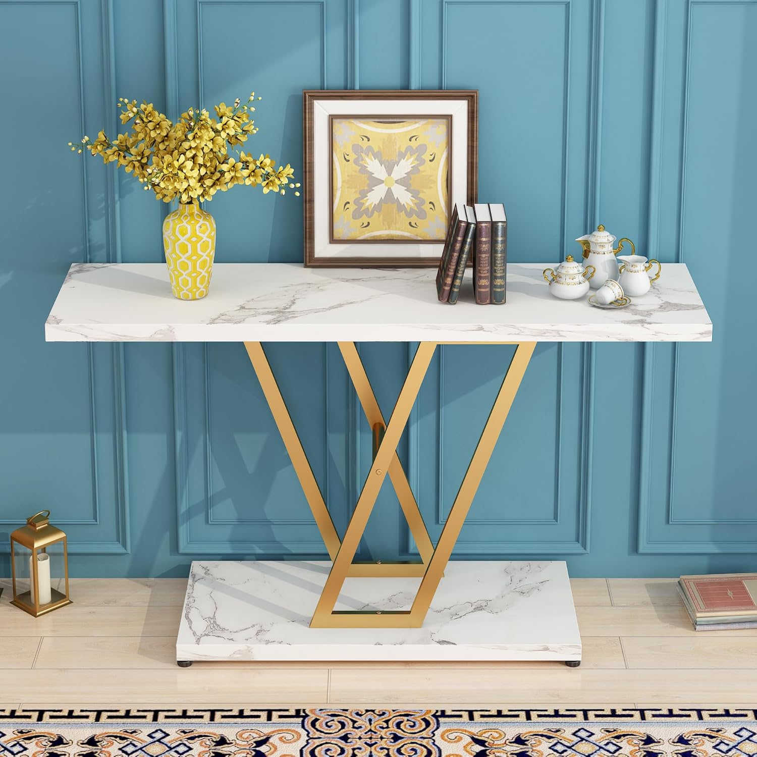 Console Table for Entryway, Industrial Hallway Table for Entryway, 42 Inch Entryway Tables Narrow Sofa Table for Living Room, Stable Metal Frame & Easy Assemble,Gold/White Color