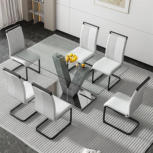 Miniatura 22 de Juego de mesa de comedor de vidrio de 71 pulgadas para 6, juego de mesa de comedor para 6, mesa de cocina moderna y 6 sillas de PU, parte superior