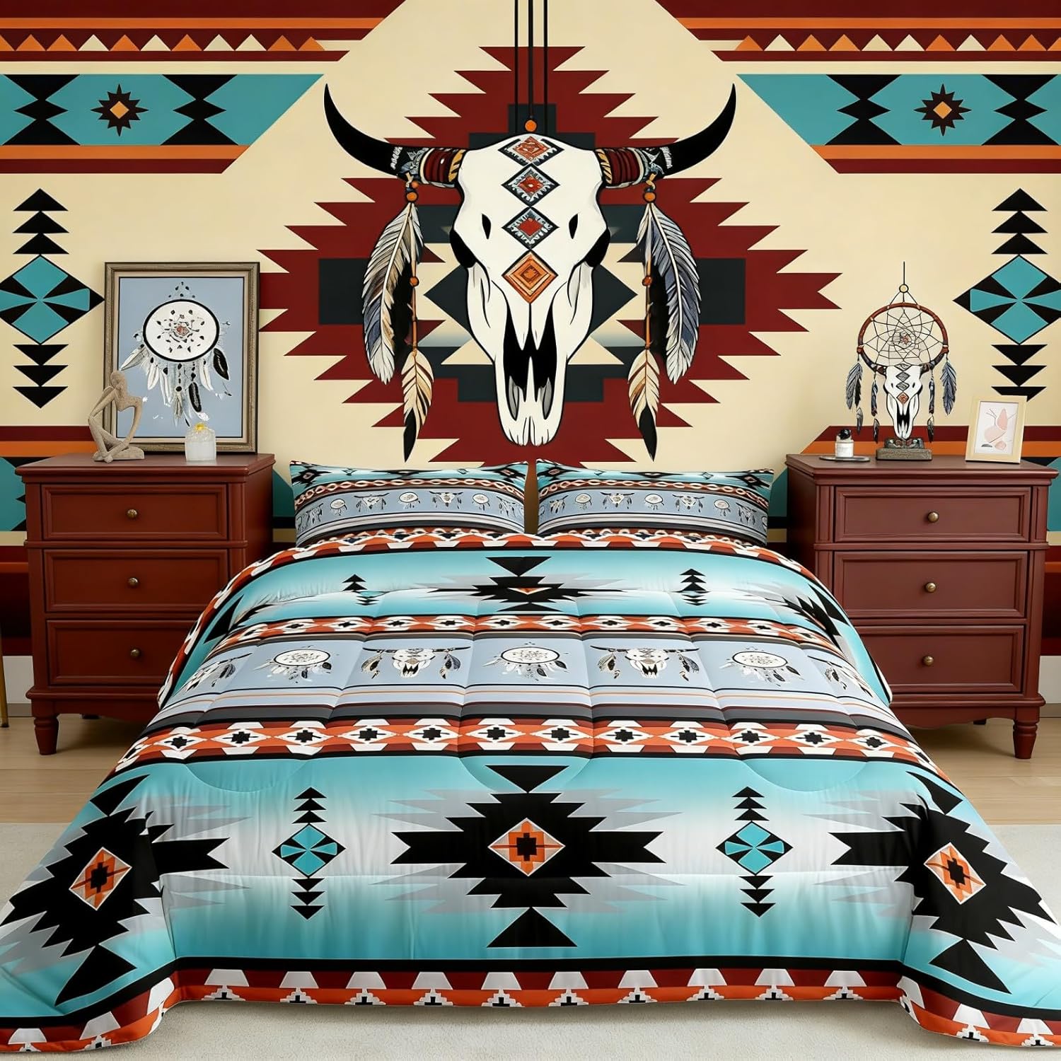 Erosebridal Western Decor, Boho Quilt Highland Cow Dream Catcher Comforter Set Southwestern Bedding Sets Full,Ethnic Tribal Arrow Aztec Duvet Insert Retro Vintage Exotic Bull Cattle Bohemian Decor - Image 4