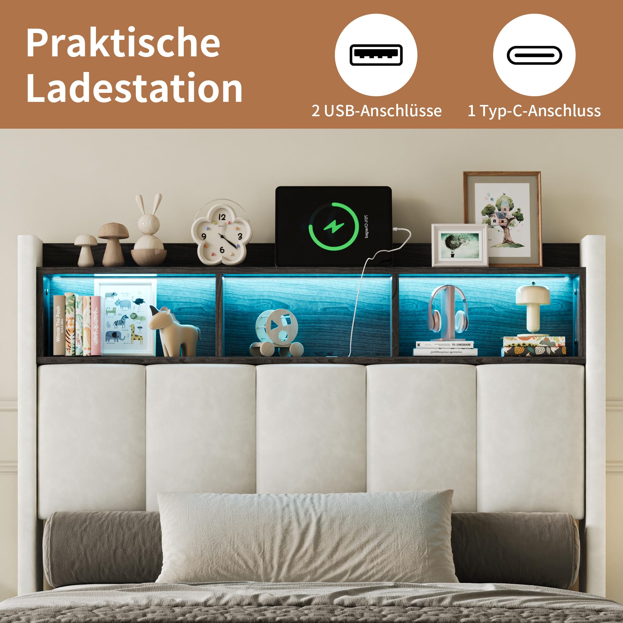 Łóżko tapicerowane, podwójne, 90 x 200 cm, zagłówek ze schowkiem LED i USB, łóżko hydrauliczne 90 x 200 cm, ze skrzynią na pościel i stelażem, oparcie z litego drewna i aksamitu