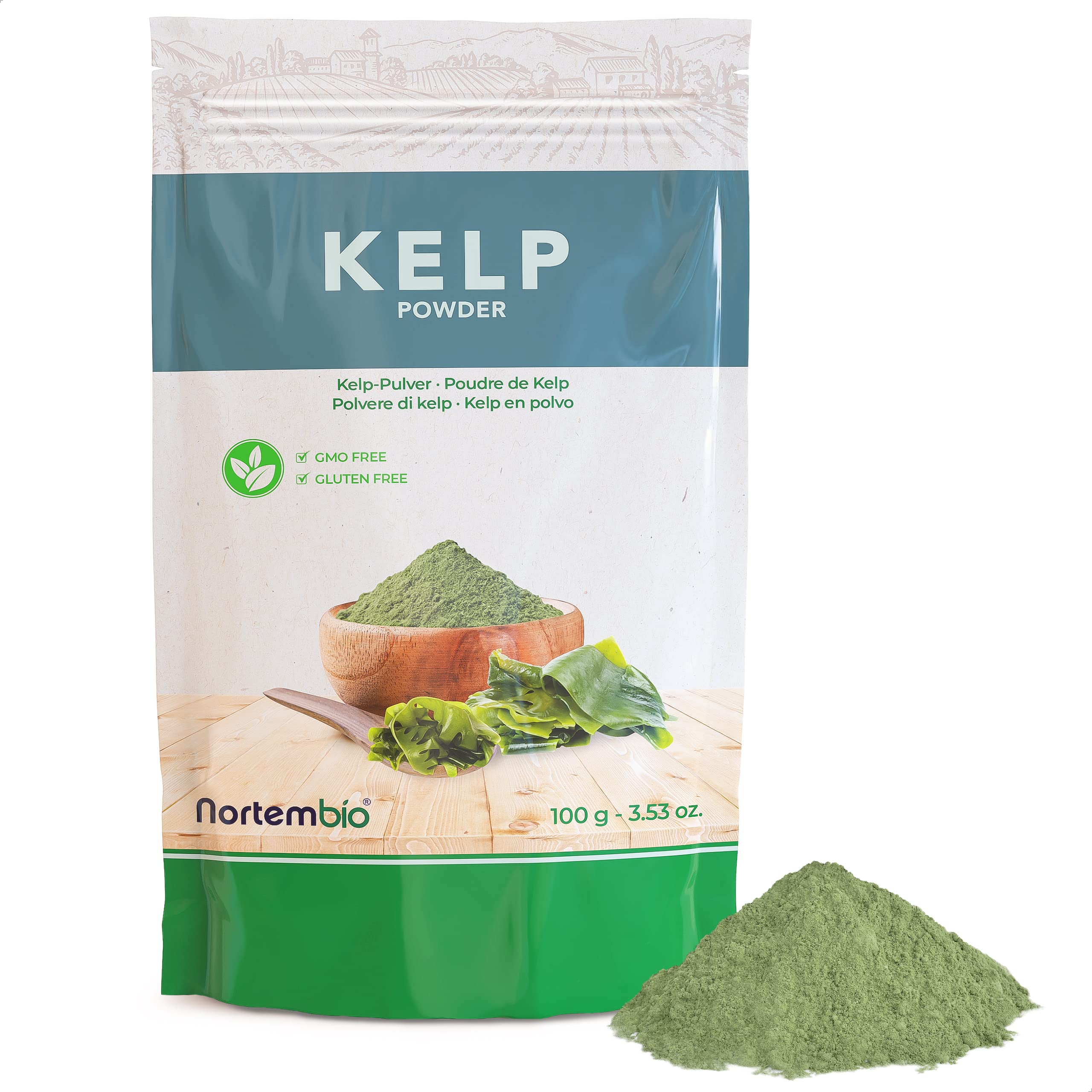 Nortembio Kelp Powder 100 g. 100% Natural Origin. Kelp Powder Without Preservatives or Additives, Vegan and Gluten Free. Natural Source of Iodine. Airtight Container with Zip Closure.