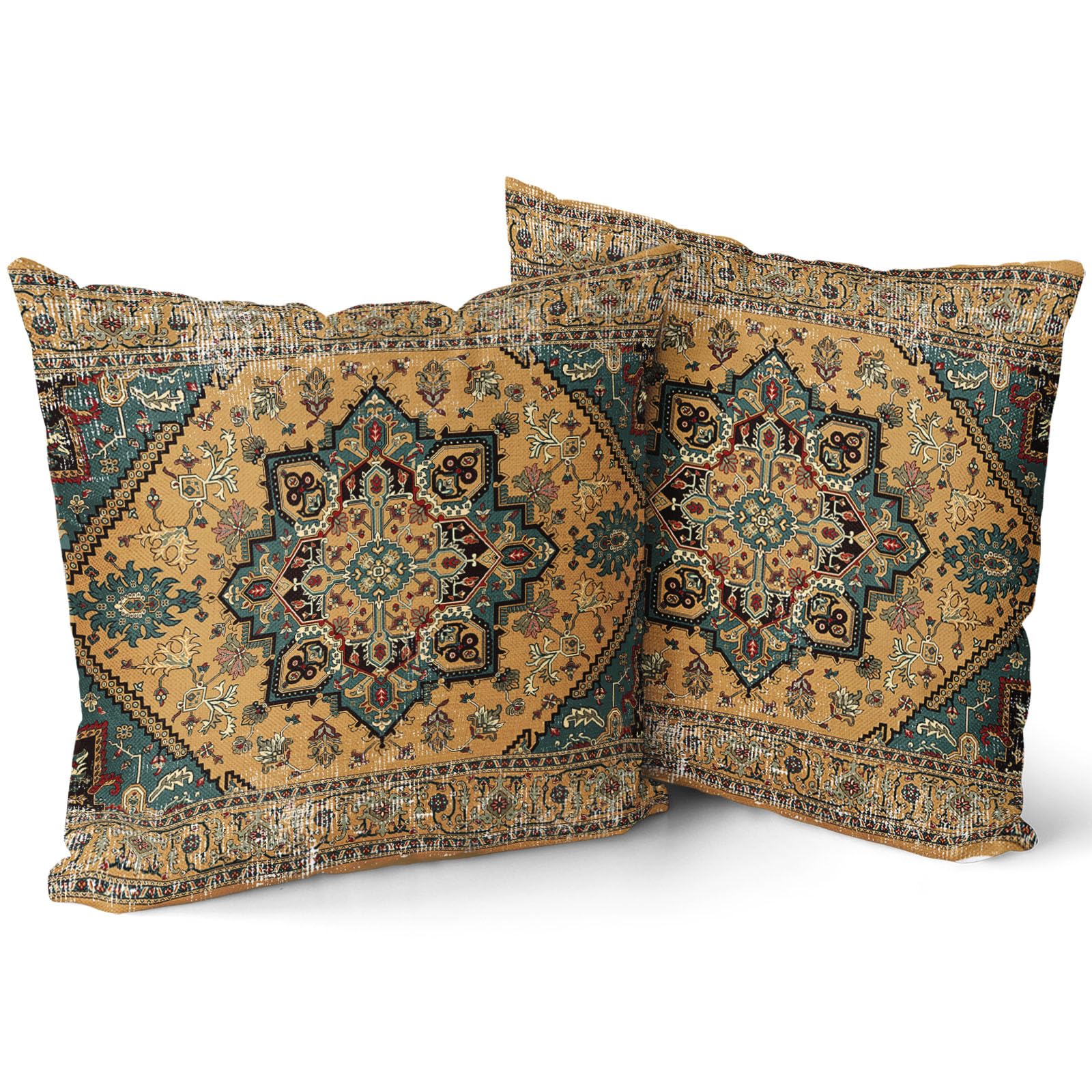 Aztec Teal Bohemian Pillow Covers 24x24 Inch Sand Brown Terracotta Boho Flower Rug Print Carpet Pillow Cases Set of 2 Antique Tapestry Rustic Retro Western Throw Pillows For Outdoor Cushion Couch — image 1