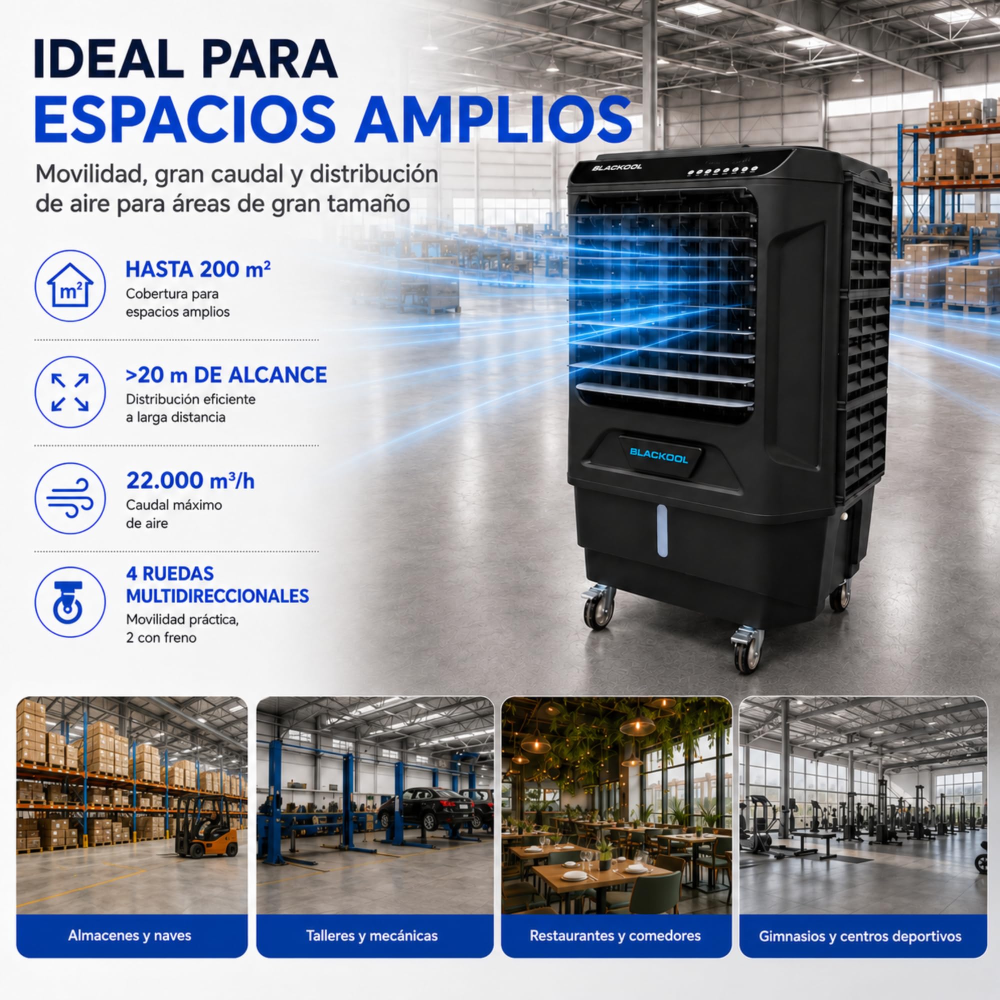 Climatizador Evaporativo Industrial VONALA BLACKOOL 22 MAXI – Enfriador de Aire Profesional con Lámpara UV y WiFi, Depósito 120L, Caudal 22000 m³/h, Cobertura 200m²