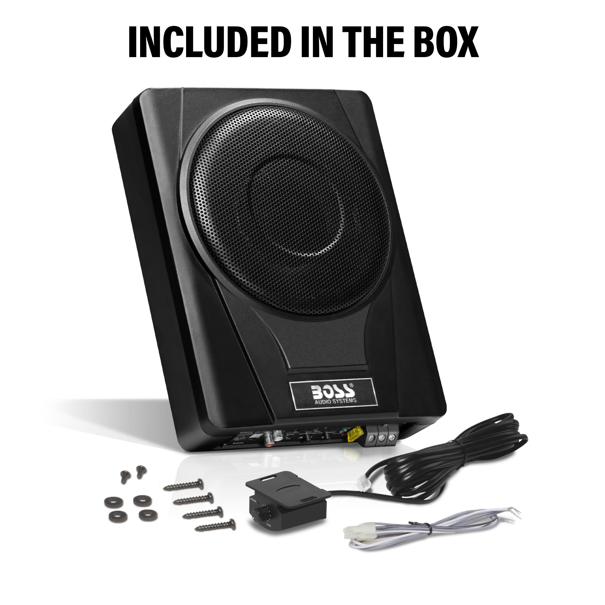 Boss Audio Systems BASS8 - Subwoofer para Coche de 8 Pulgadas para Debajo del Asiento, Salida Alta 800, Perfil bajo, Amplificador Integrado, para camión, Cajas y recintos, Control Remoto de subwoofer