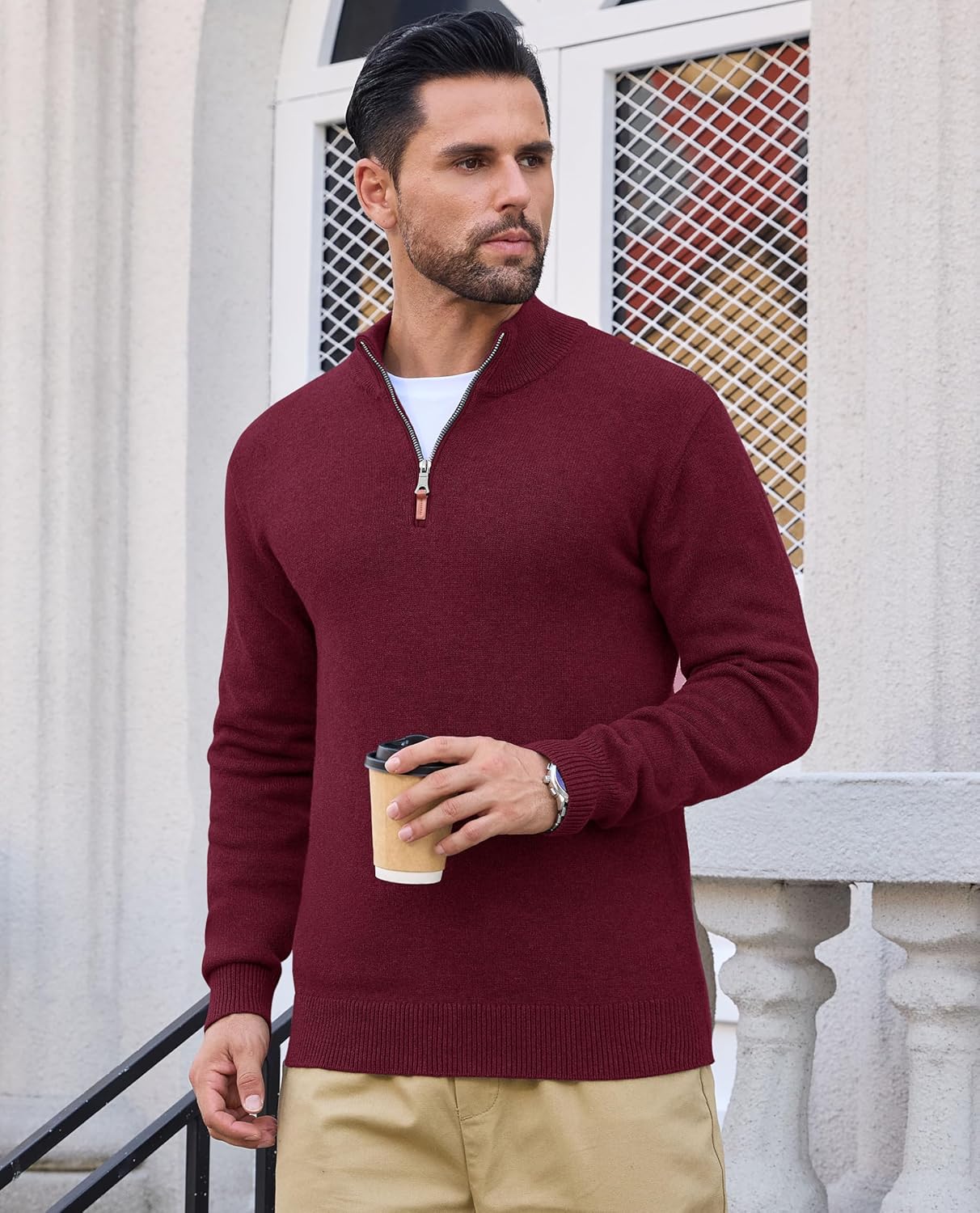 EKLENTSON Men's Sweater Quarter Zip Pullover Knit Cotton Turtleneck Sweater Fall Winter Thermal Pullover Mock Neck - Image 2