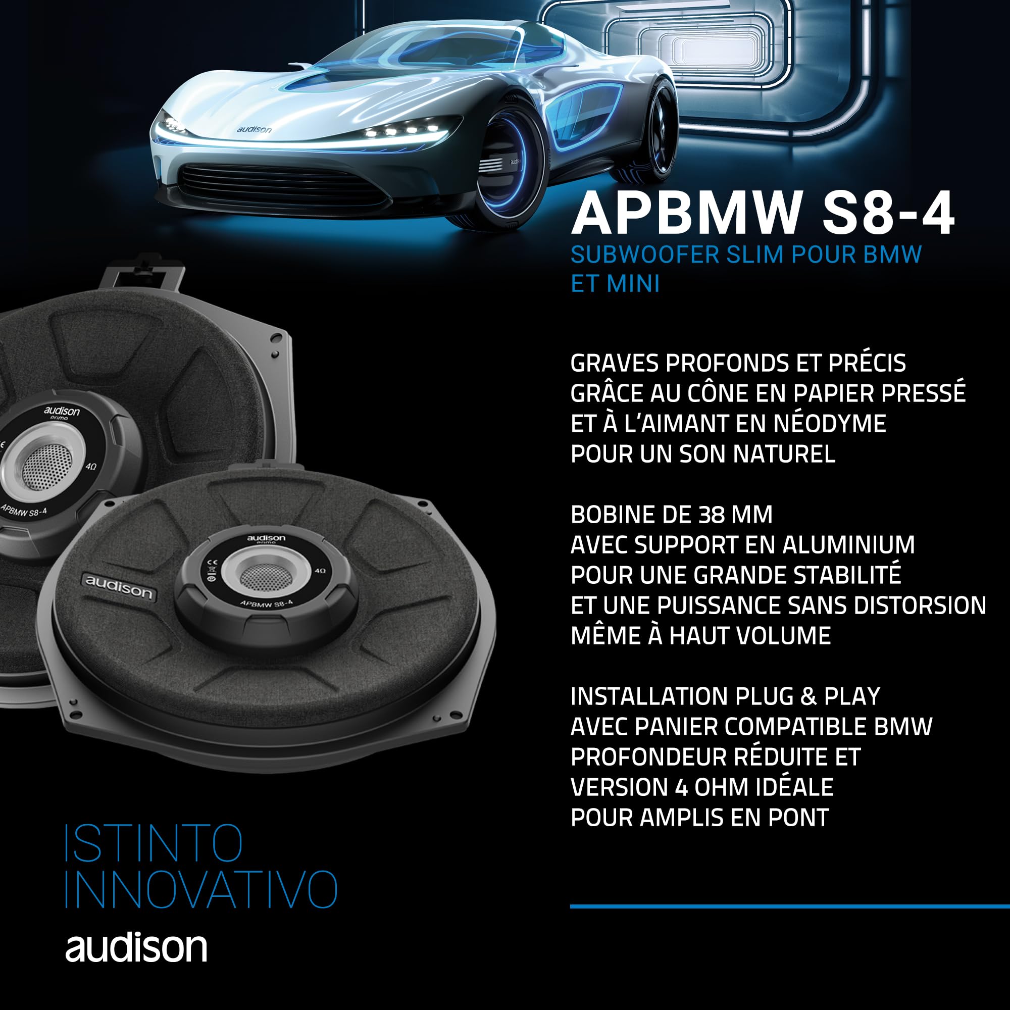 Audison APBMW S8-4.2 subwoofer 200 mm, 300 W | caisson slim sous-siège, 8 pouces, impédance 4 Ohm, papier pressé, bobine 50 mm, 150 W RMS, Xmax 7 mm, 40-500 Hz