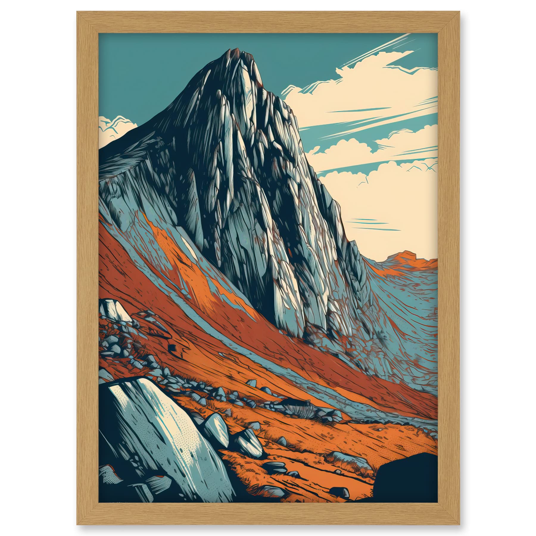 Artery8 Tryfan Mountain Peak Landscape Teal Brown Linocut Artwork Framed A3 Wall Art Print