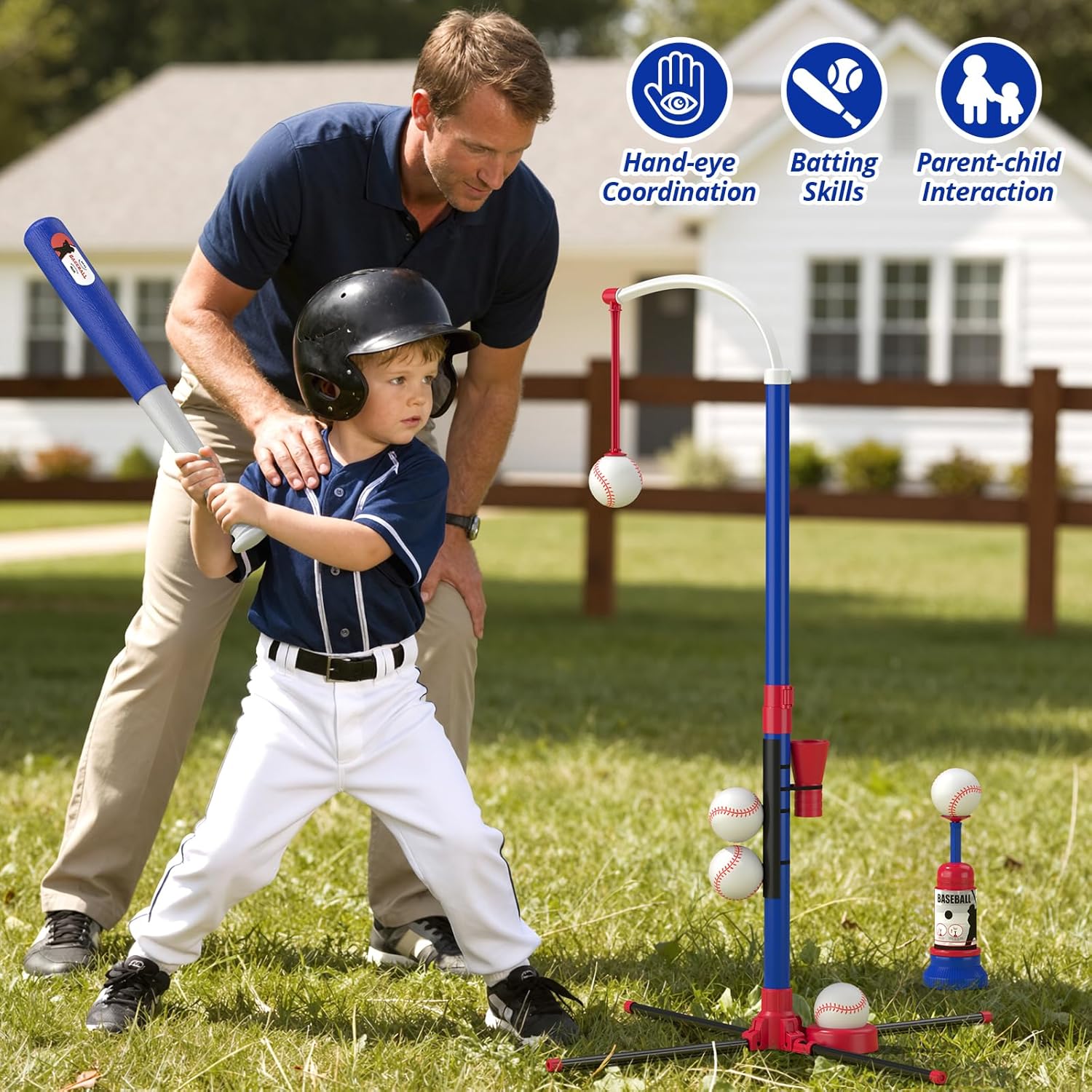 3-in-1 Baseball Set for Kids 3-5 - Tee Ball Stand, Hanging Tee, Ball Launcher and 6 Softballs - Adjustable Height, Indoor/Outdoor Sport Gifts for Boys Girls, Blue - Image 3