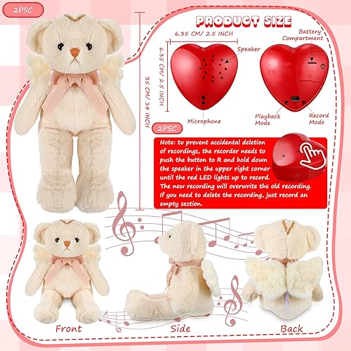 Miniatura 2 de Liliful 2 juegos de animales de peluche de oso ángel con grabadora de voz de corazón de 60 segundos, animales de peluche grabables de 14 pulgadas,