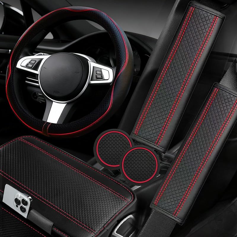 NBTEPEM 6 PCS Car Steering Wheel Cover Set, Microfiber Leather Steering Wheel Covers Universal 14.5-15 inch, Center Console Cover, Seat Belt Cushion, Cup Holder Coaster, Car Accessories Set Red