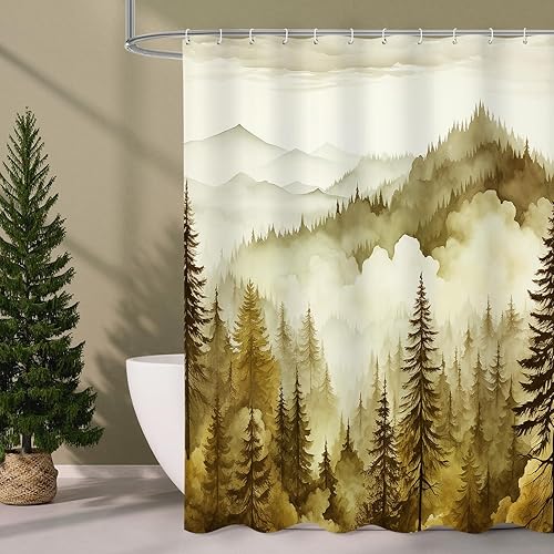 Miniatura 14 de Cortina de ducha azul marino con bosque de pinos brumosos, cortinas de ducha con paisaje de bosque brumoso de montaña, cortinas de ducha para baño
