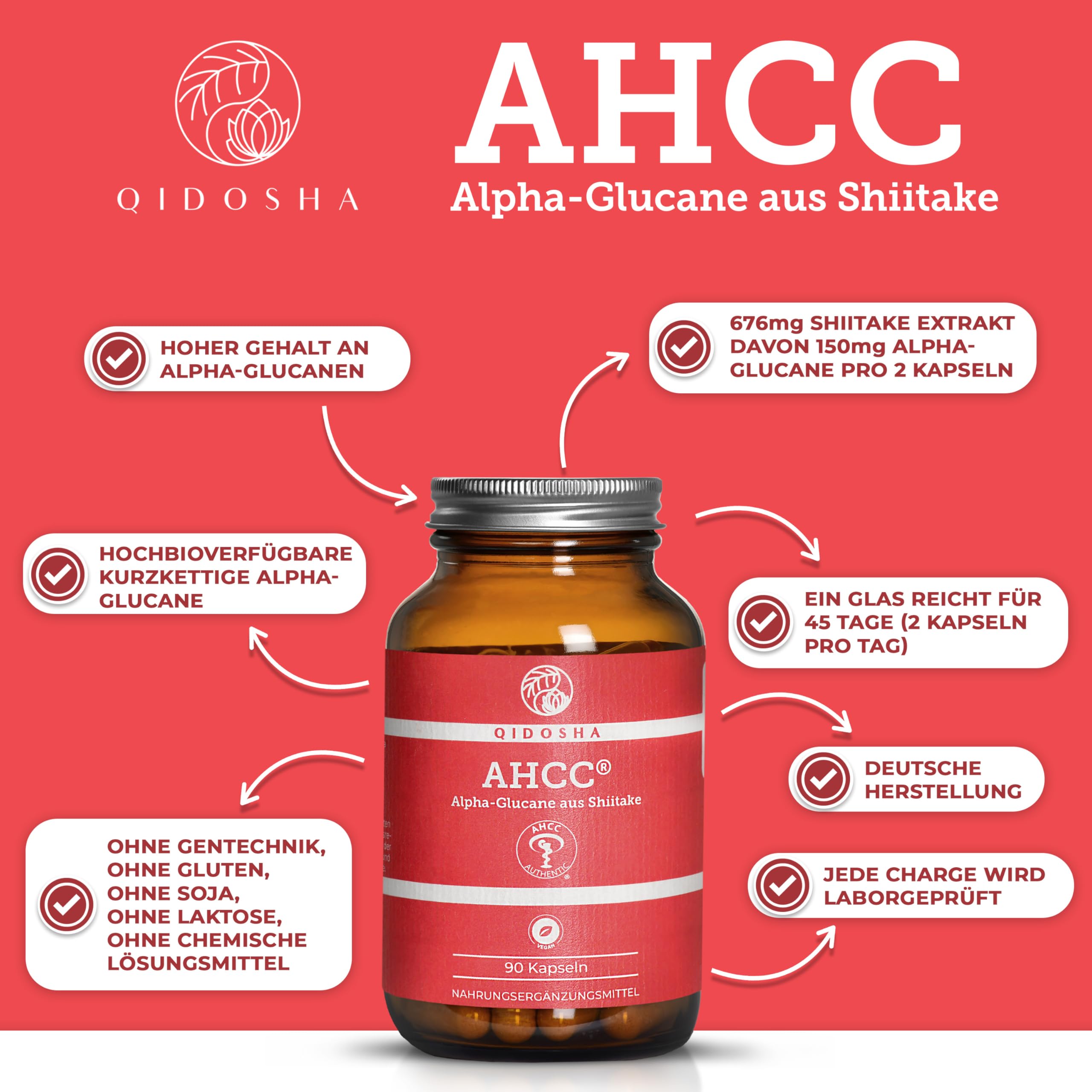 QIDOSHA® AHCC Kapseln, 90 Stk im Apothekerglas, 676 mg Shiitake-Extrakt je Tagesportion, davon 150mg Alpha-Glucane, deutsche Fertigung, jede Charge laborgeprüft