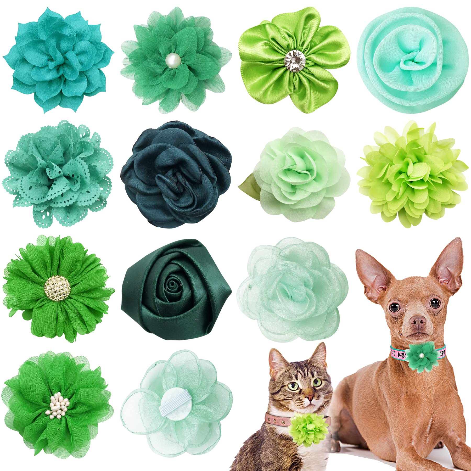 PET SHOW 12pcs Green Dog Collar Bows and Flowers Attachment for Girls Boys Puppies Cats Small Medium Dogs Collars Embellishment Decor for Wedding