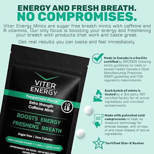 Miniatura 5 de Viter Energy Mentas con cafeína extra fuertes, 80 mg de cafeína, vitaminas B, sin azúcar. (menta, 8 onzas, bolsa a granel)