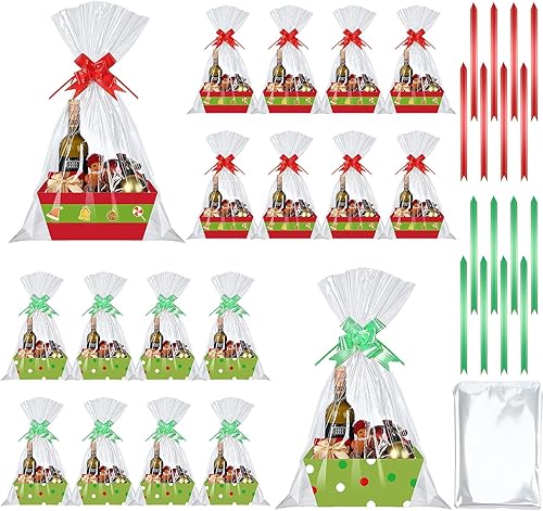 Miniatura 7 de Cholemy El kit de 24 cestas vacías de regalo de Navidad incluye 8 bandejas de mercado de papel kraft con cinturón de elfo de Papá Noel, 8 bolsas y 8