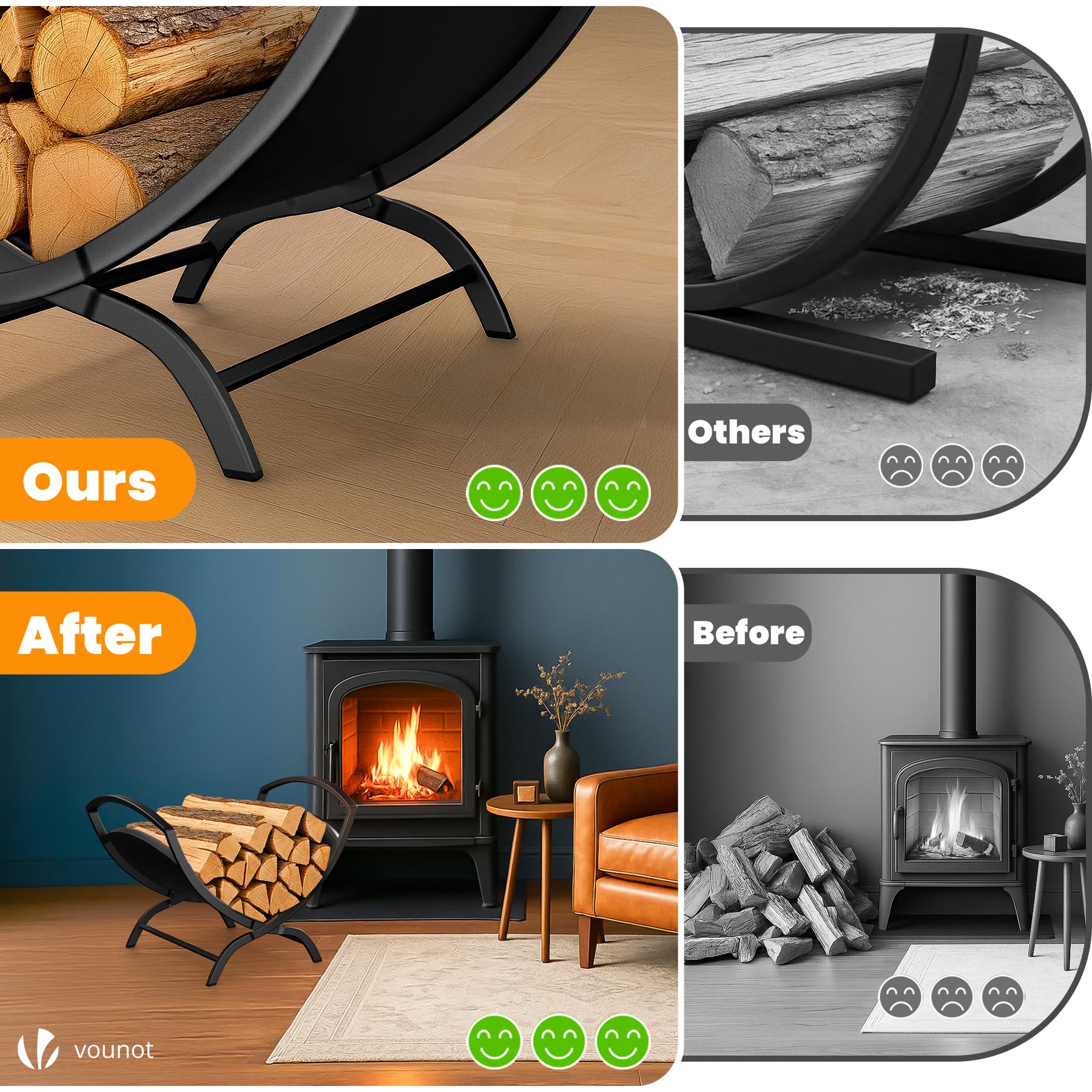 VOUNOT® Kaminholzregal Metall, X-förmiges Brennholzregal mit stabilem Sockel und Griff, Kaminholzständer für Kamin & Ofen, Feuerholzregal Innen und Aussen, 40,5 x 32 x 33 cm, Schwarz