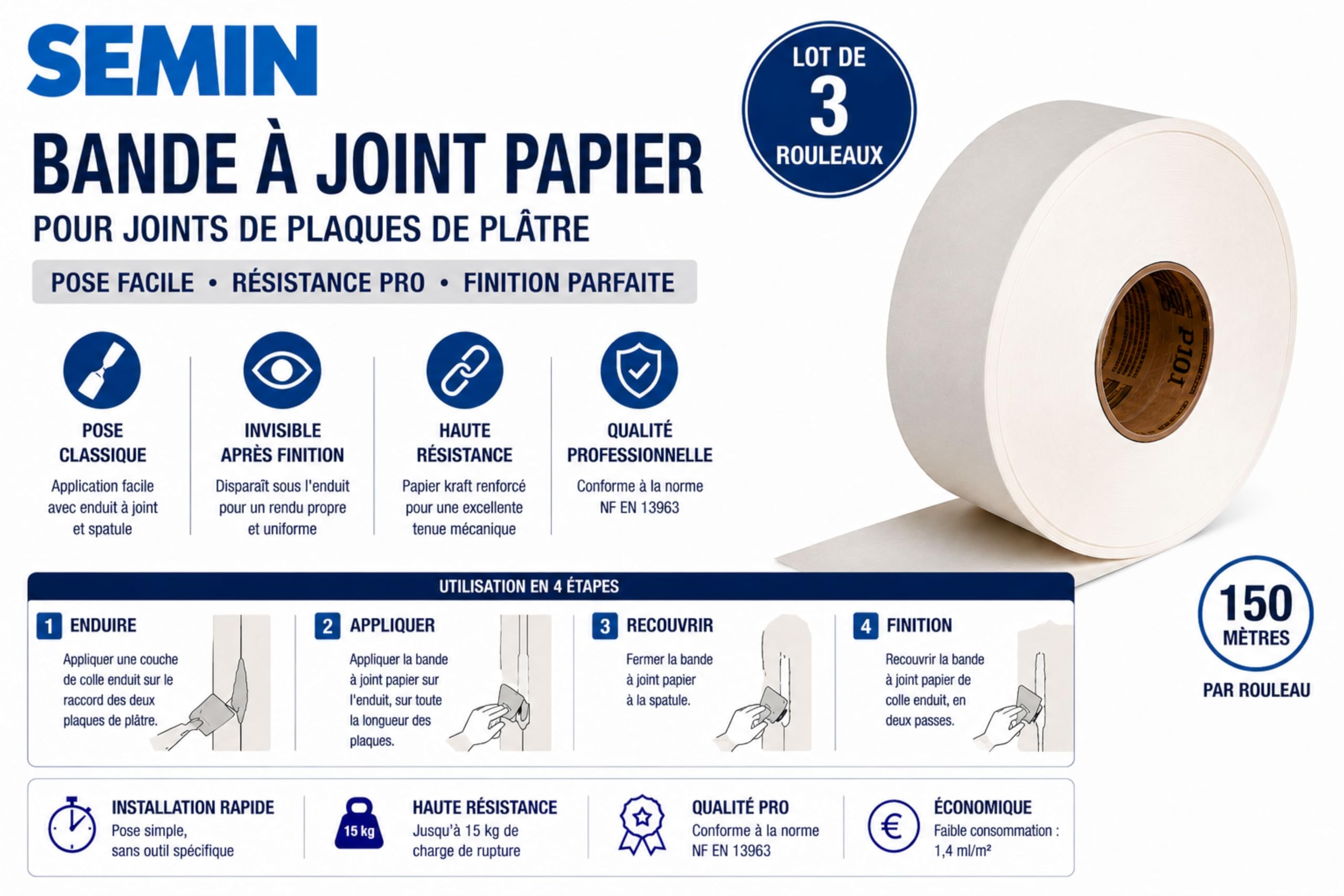 Semin Bande à Joint Papier pour Plaques de Plâtre – Rouleau 150 m – Bande Joint BA13 Haute Résistance – Invisible après Finition – Pose Facile pour Joints Placoplâtre - Lot de 3 Rouleaux