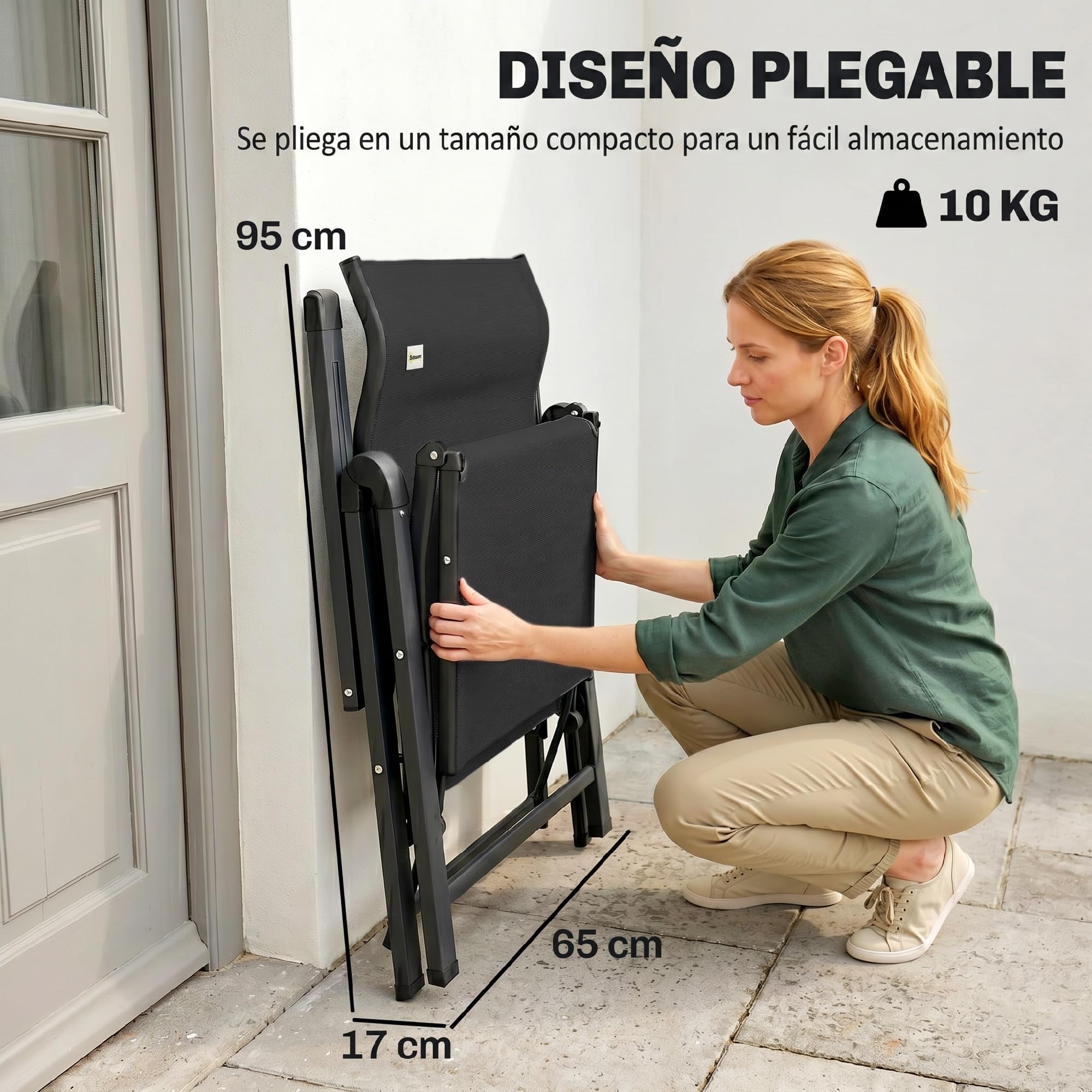 Outsunny Silla Reclinable Plegable de Jardín 9 Posiciones 150 kg Negro | Respaldo Ajustable, Cojín Lumbar, Estructura de Acero y Textilene Transpirable