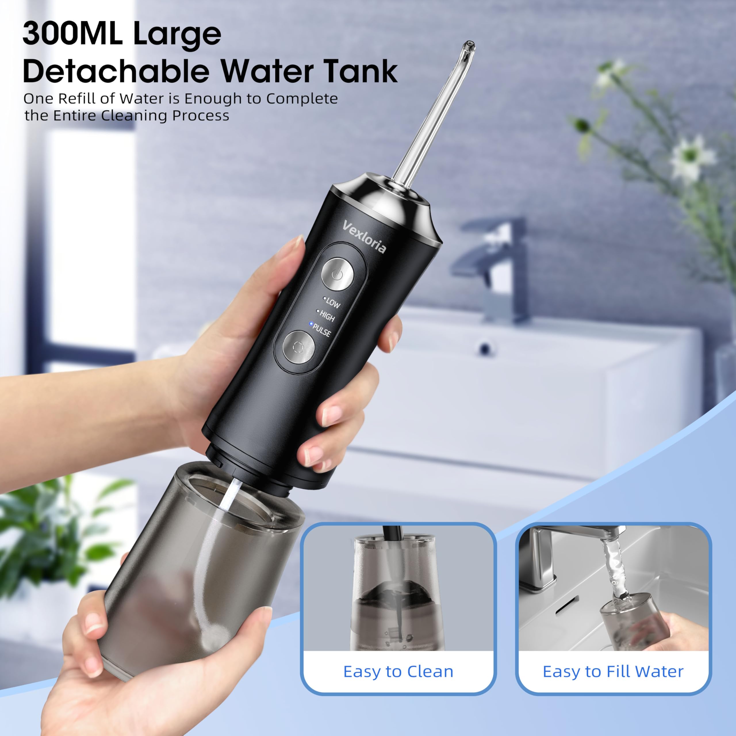 Vexloria Jet Dentaire Hydropulseur Portable 300 ML Water Flosser, Hydropulseur Dentaire Avec 3 Modes de Pression d'eau et 4 Embouts Remplaçables, Irrigateur Dentaire USB Rechargeable, noir clair