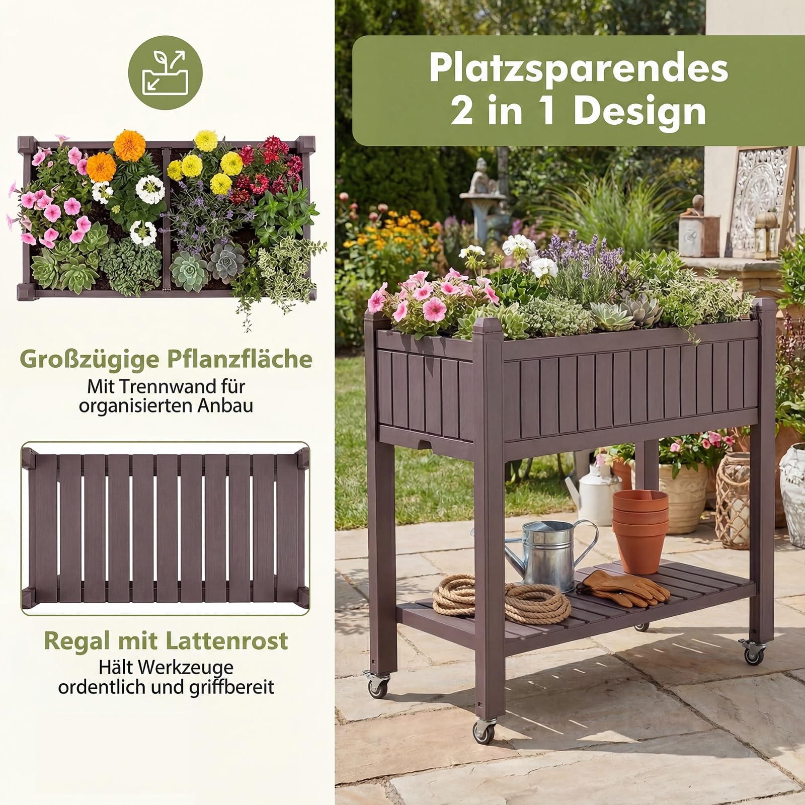 GOPLUS Hochbeet mit Rollen & Ablageregal, erhöhtes Gartenbeet mit Ablauflöchern, wasserfester Pflanzkasten aus Kunststoff & Metall, Kräuterbeet für Garten, Balkon & Terrasse, 108 x 44 x 88,5 cm