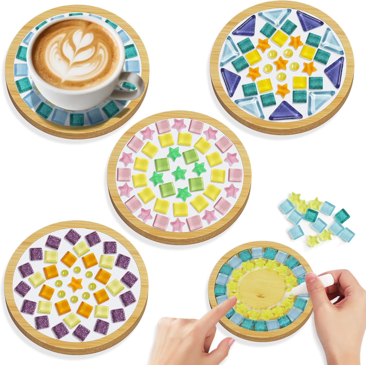 Tumwisk Mosaic Tiles, 4 Sets DIY Glass Mosaic Tiles for Crafts,4 Styles of DIY Mosaic Coaster Kit Material Package for Adults Handmade Home Table Desk Decoration Housewarming Present
