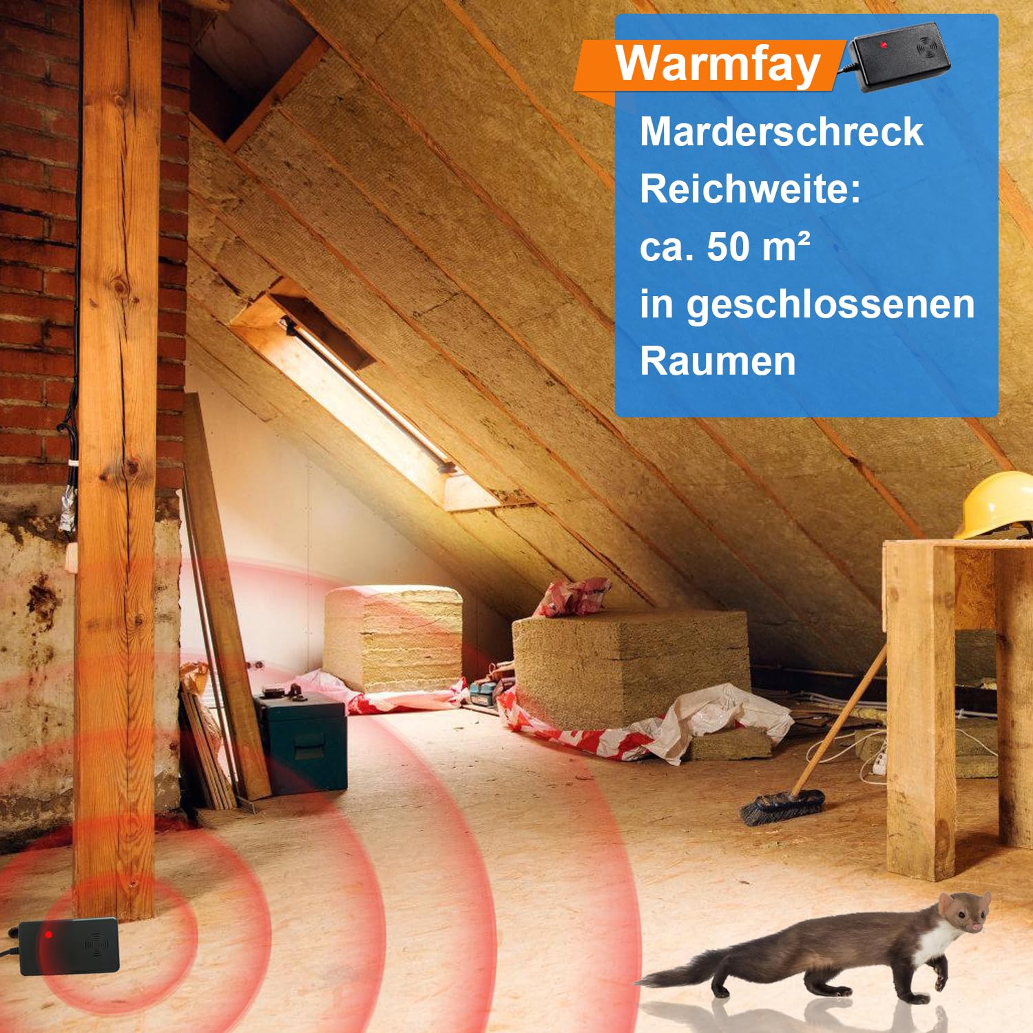 Warmfay Marderschreck mit Stecker Ultraschall und Anti Gewöhnungseffekt für ca. 50m², Marderabwehr Haus, Marderfalle Marder Ultraschall für Dachboden, Scheune, Garage, Keller
