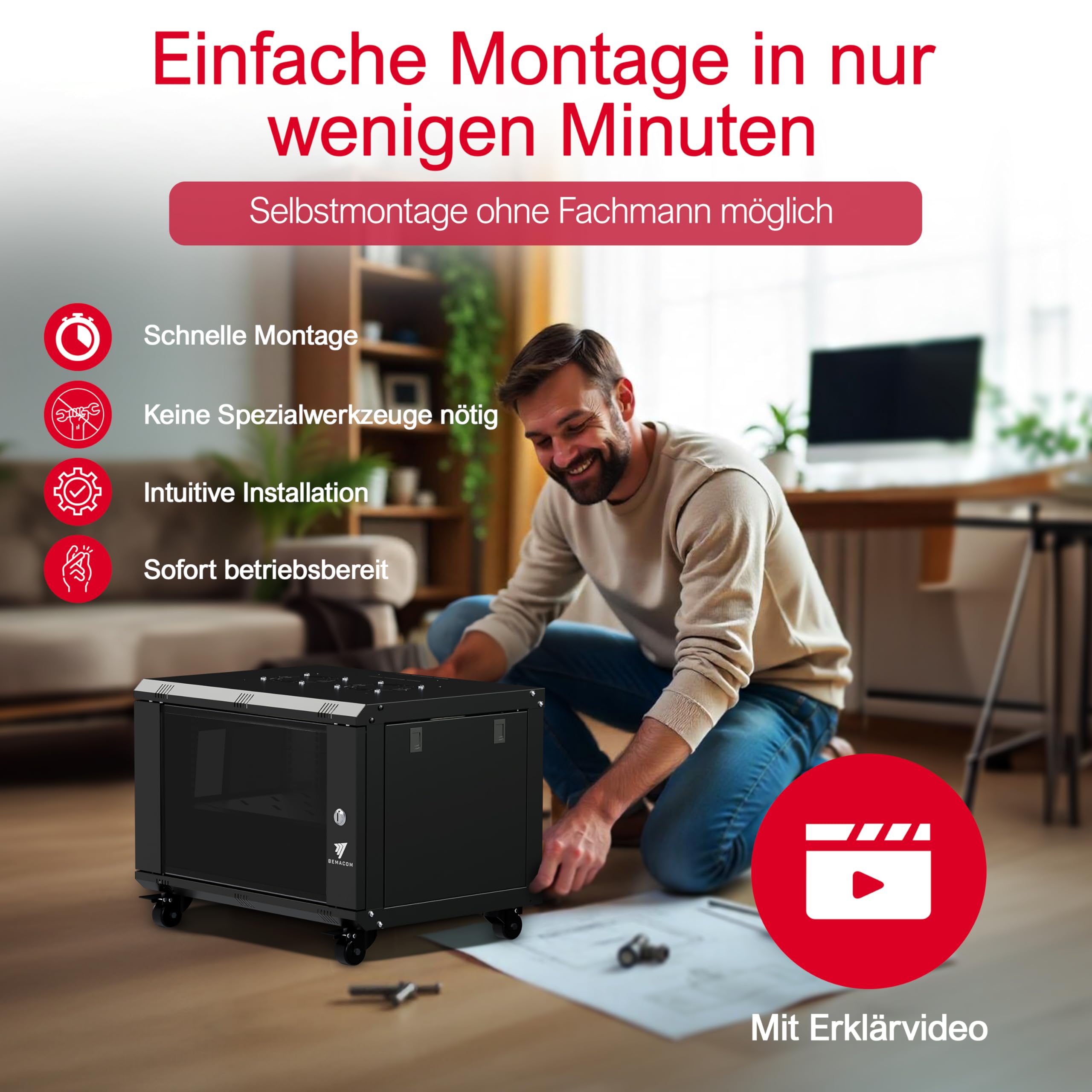 Netzwerkschrank 19 Zoll Serverschrank Pro Serie 7HE, Server Rack für Wandmontage EDV Schrank 19 Zoll Gehäuse mit Traglast 60kg, 600x450x385 mm Grau, mit Glastür + abschließbar RAL 7035