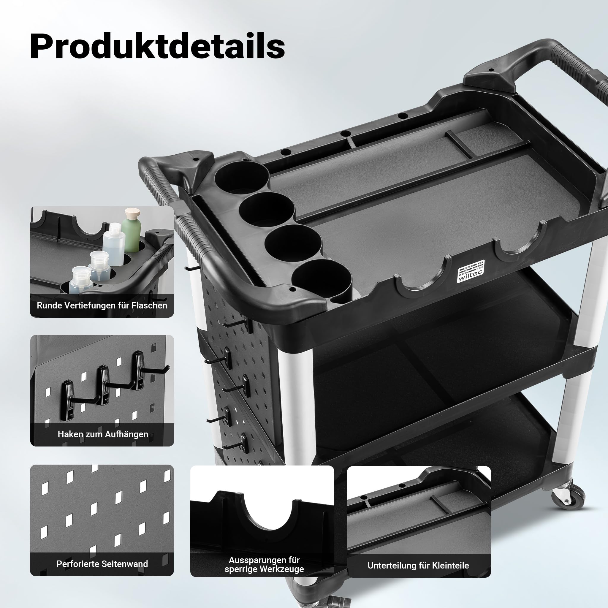 Wiltec 3-Ebenen Rollwagen Typ 02 mit 120 kg Traglast, Werkstattwagen 67 x 43,5 x 97 cm aus Kunststoff