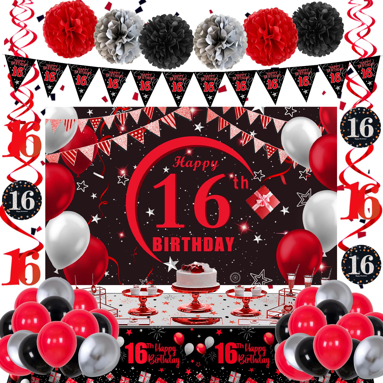 16th Birthday Decorations for Boys Girls Red and Black, Happy 16th Birthday Backdrop Banner, 16 Birthday Party Decorations Balloons Triangle Flag