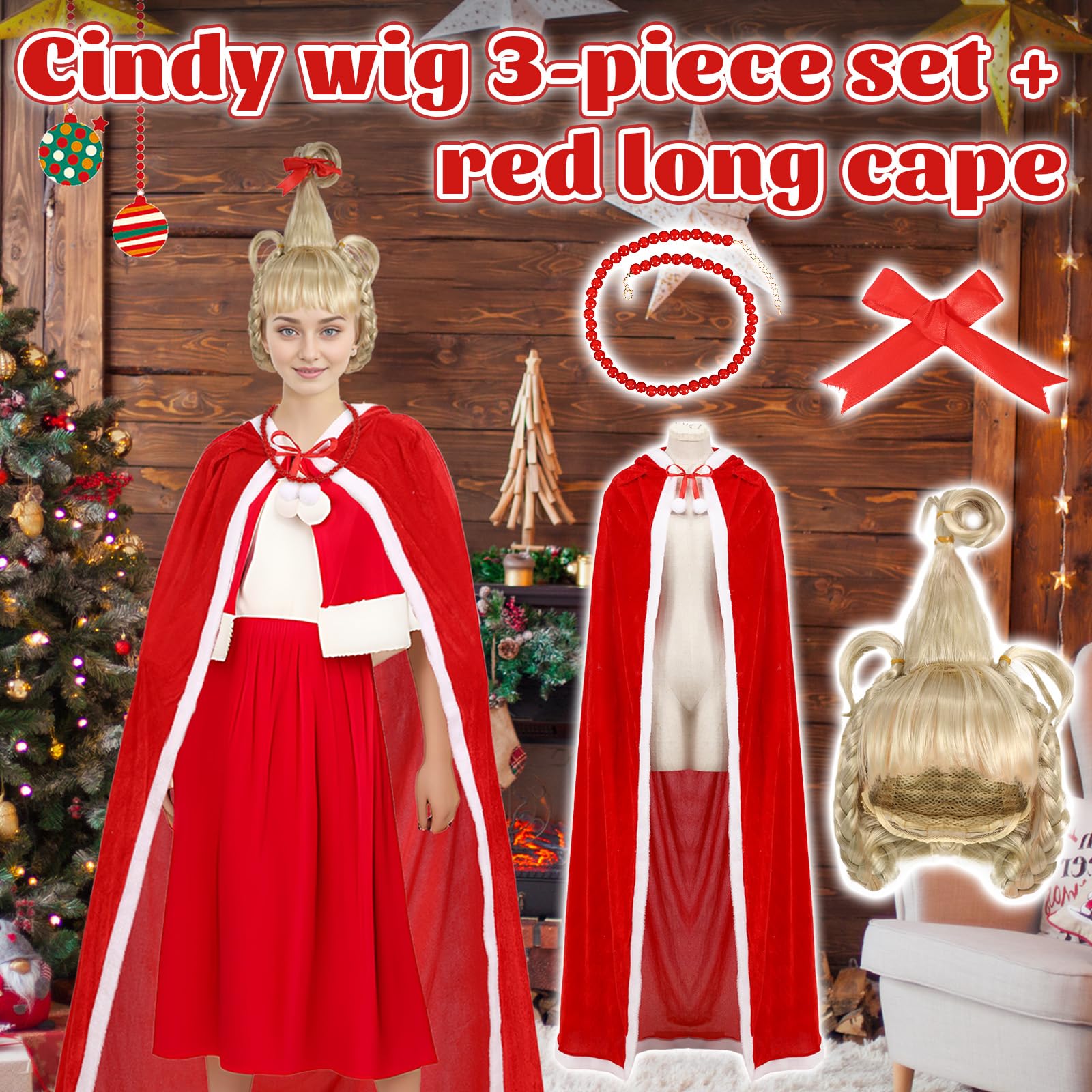 Makoike Cindy Lou Who Costume 4Pcs Christmas Red Hooded Robe Cloak Wig Necklace Bow Halloween Costumes Adults Kids (Adults) - Image 2