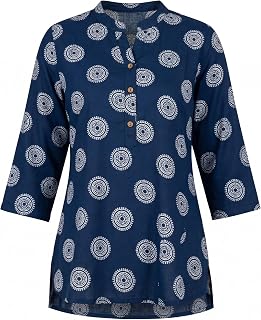 Women’s Cotton Printed Kurti Top, 3/4 Sleeve Casual Ethnic Wear, Round Neck Stylish Blue Tunic for Daily & Office Wear Price In India