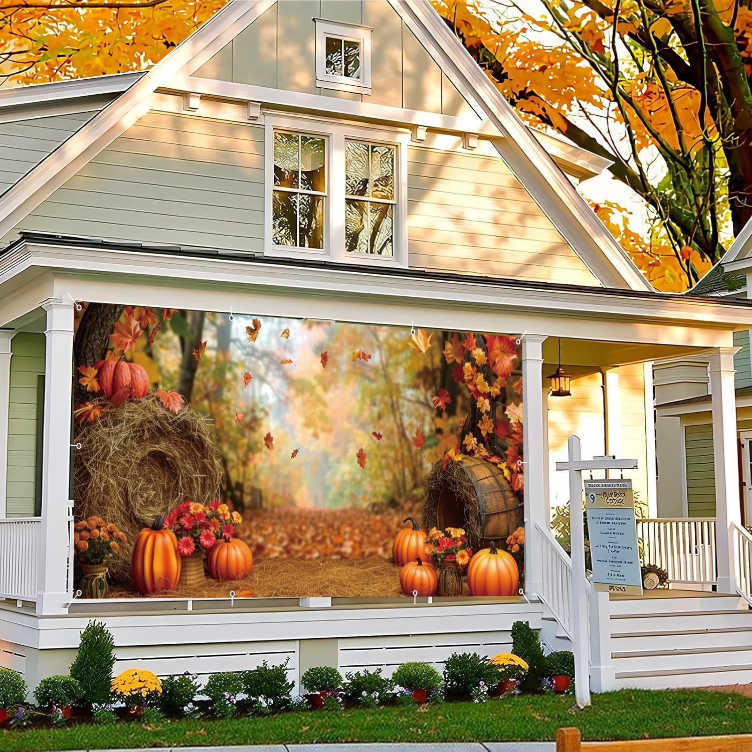 Fall Garage Door Banner 7x16ft Autumn Forest Thansgiving Harvest Flower Pumpkin Backdrop Thanksgiving Garage Door Cover Friendsgiving Fall Party Decorations Outdoor Banner