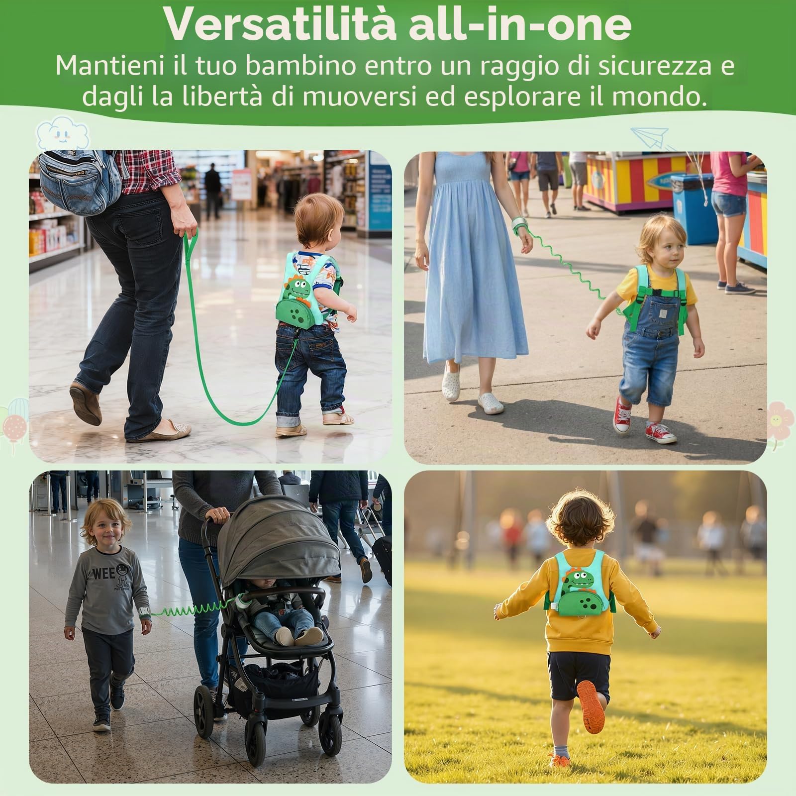 Dr.meter Zaino Bambini Antismarrimento 3 in 1 Pettorina 1.2M 360° Braccialetti Chiave Sicurezza Dinosauro 1-5 Anni